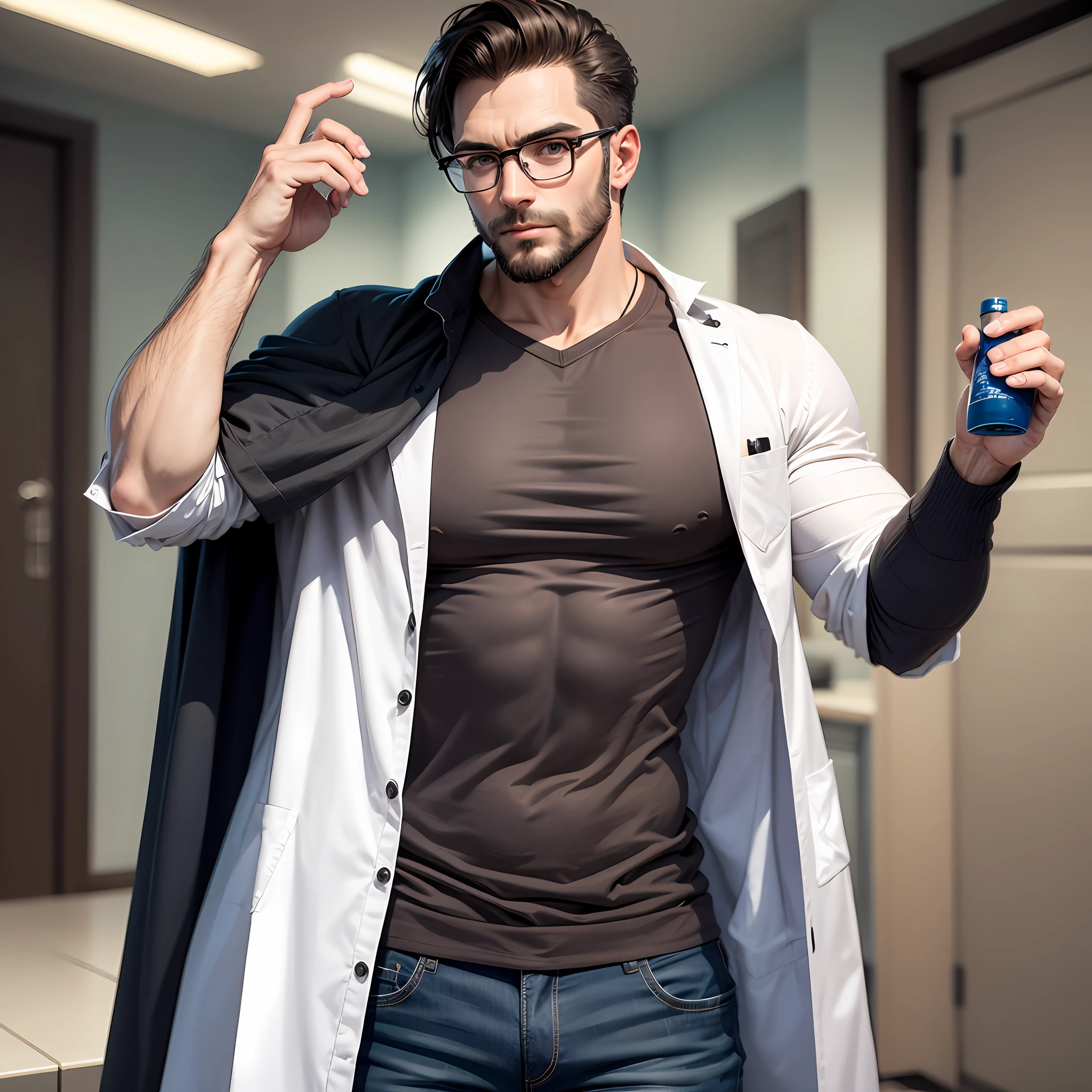 Homem branco, barba baixa castanha, cabelo liso e curto, with prescription glasses, vestindo roupa social, 8k, realista --auto