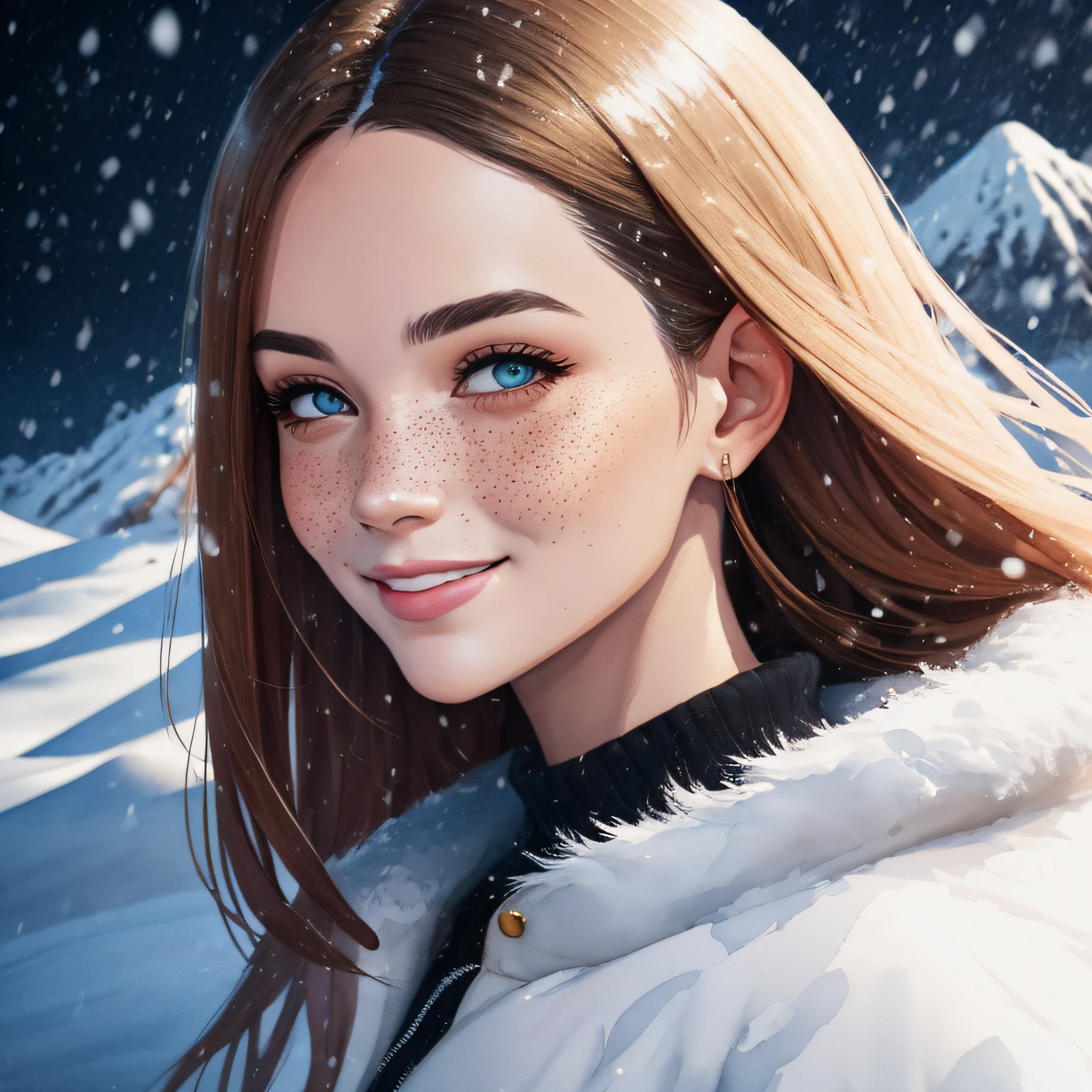 portrait of beautiful smiling woman with some freckles, snow-covered mountain landscape background by ilya kuvshinov and annie leibowitz. synthwave watercolor painting on canvas trending in artstation dramatic lighting abstract expressionism pastel shades tones (hd) golden ratio details aesthetic octane render excellent composition natural textures 8k oil paining masterpiece canon eos r4s 50