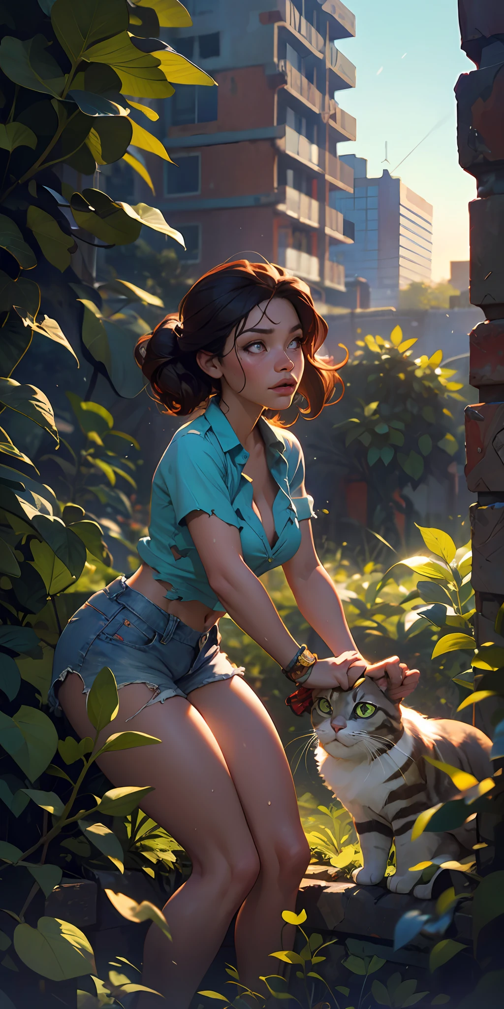 The Urban Ruins of the Wasteland, Female huntress picking fruit in the garden, torn shirt and denim shorts , sweating through, sun rising, Nice warm colors, The best volumetric lighting, Hyper Contrast, There is a live cat next to it