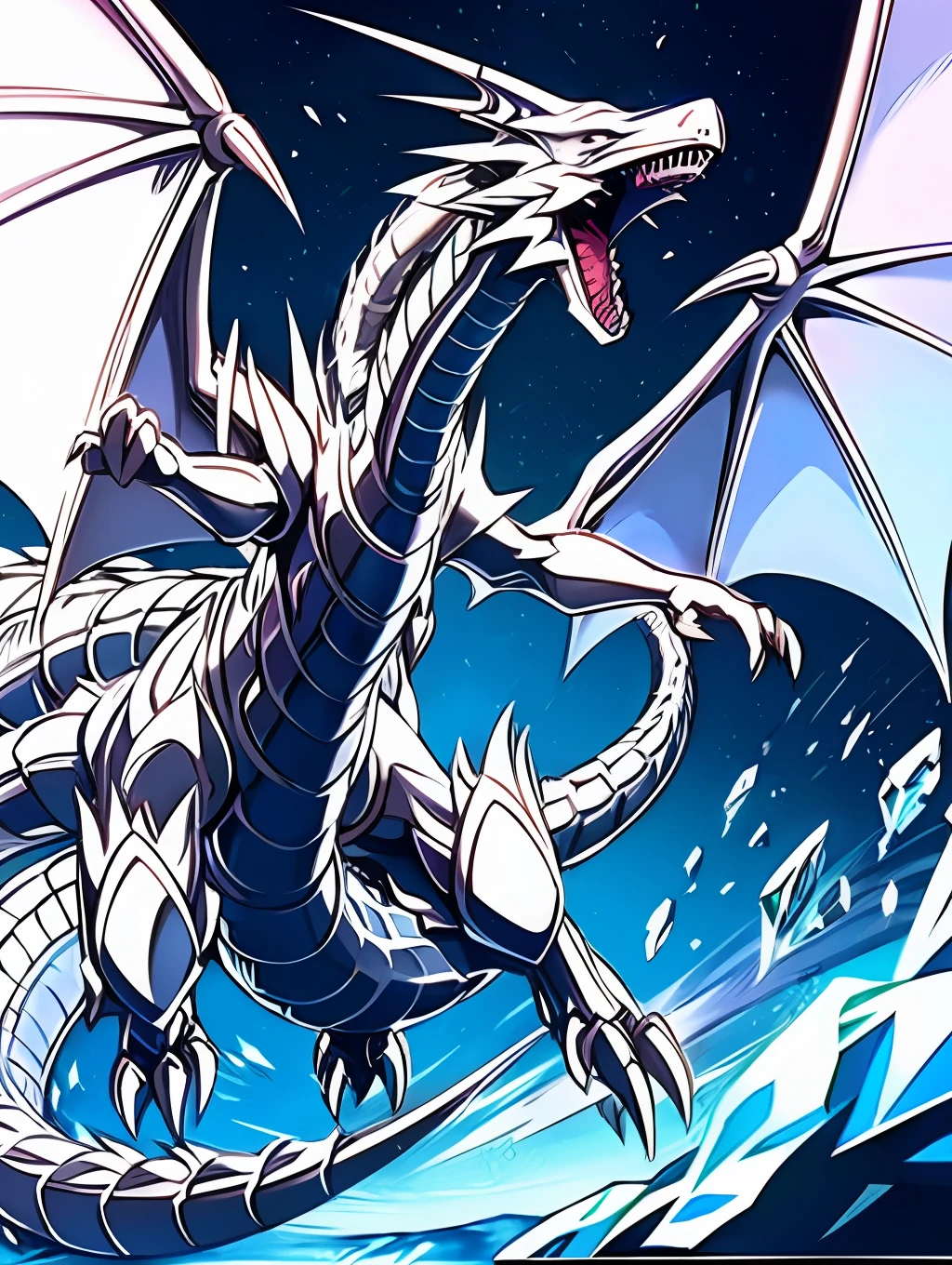 (Close-up of a dragon with a very large body and wings),((A huge dragon head)),blue eyes white dragon,Crystal light,Giant dragon as background,Silver ice reflective armor,Legendary Dragon,Ice crystal armor,Blue scales,Yugioh artwork,Godrays digital painting,Master of Ice,ultra-clear,8K