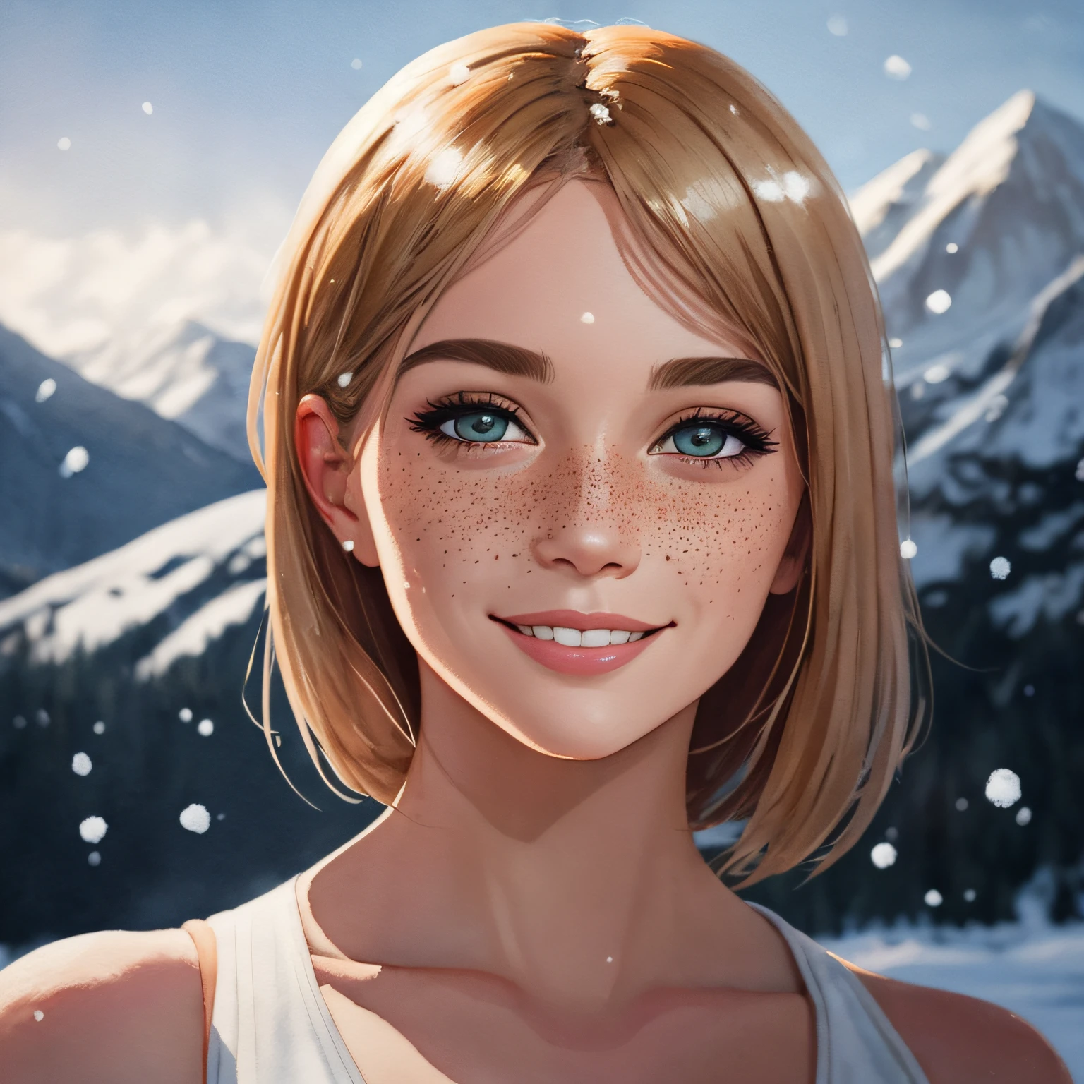 portrait of beautiful smiling woman with some freckles, snow-covered mountain landscape background by ilya kuvshinov and annie leibowitz. synthwave watercolor painting on canvas trending in artstation dramatic lighting abstract expressionism pastel shades tones (hd) golden ratio details aesthetic octane render excellent composition natural textures 8k oil paining masterpiece canon eos r4s 50