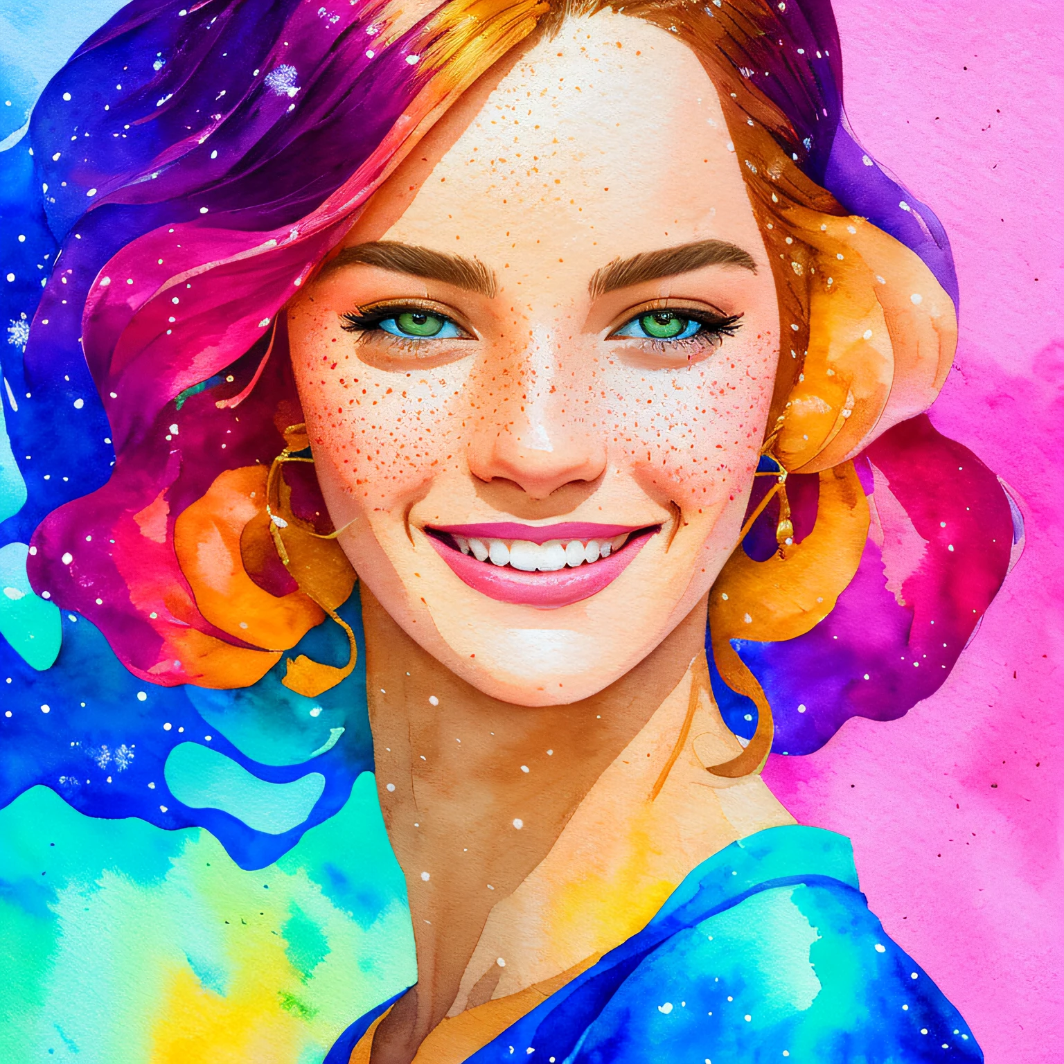 portrait of beautiful smiling woman with some freckles, snow-covered mountain landscape background by ilya kuvshinov and annie leibowitz. synthwave watercolor painting on canvas trending in artstation dramatic lighting abstract expressionism pastel shades tones (hd) golden ratio details aesthetic octane render excellent composition natural textures 8k oil paining masterpiece canon eos r4s 50