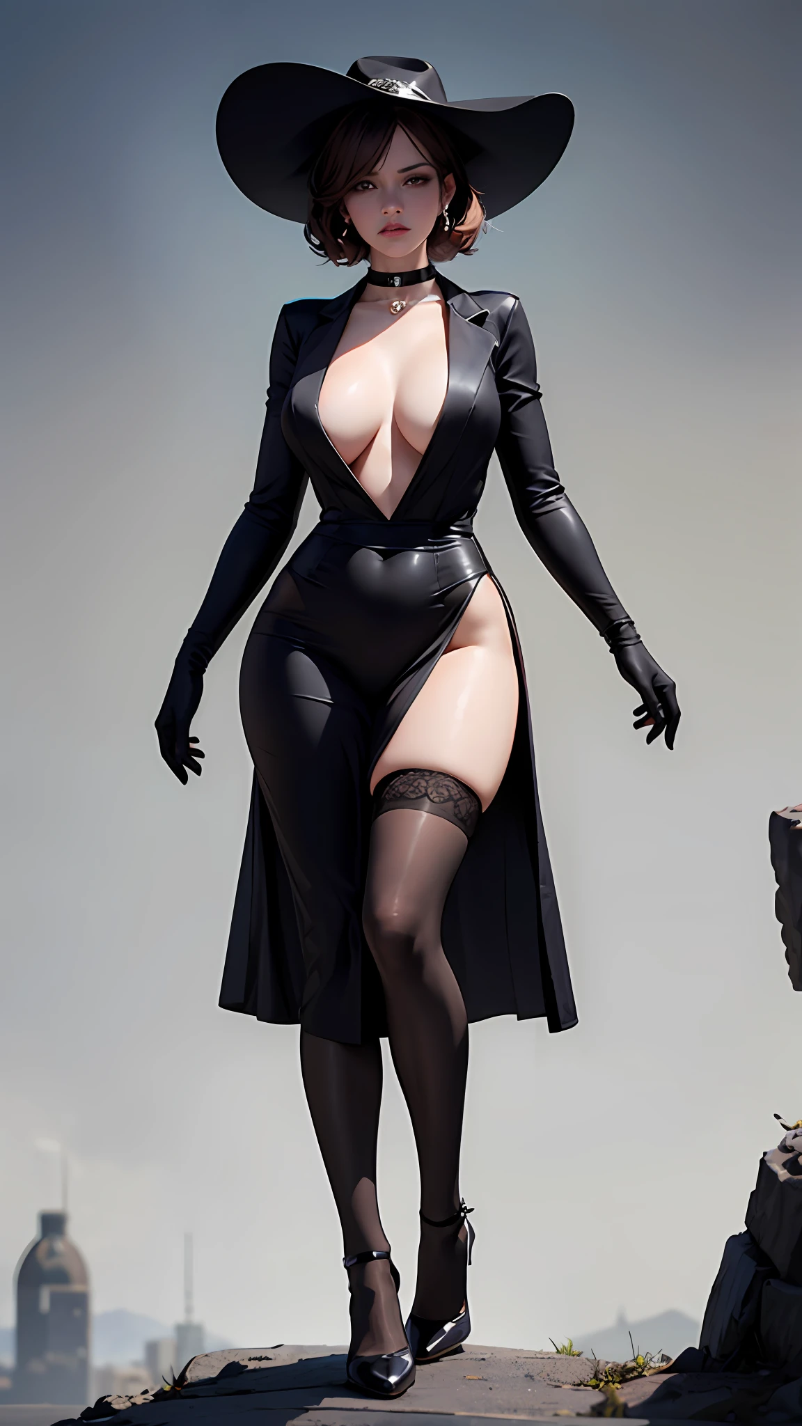 1girls, widow,Delicate and beautiful face, Angry, pearl choker,A plump chest,Convex buttocks,black long dress,black lence stockings,black heels,Black hat,long black gloves,perfectly proportioned, Detailed clothing details,overcast weather,funeral,Cinematic lighting, filmgrain, Fujicolor, light and darkcontrast, 8K, 巨作, Textured skin, Super detail, high detailes, High quality, high resolucion,