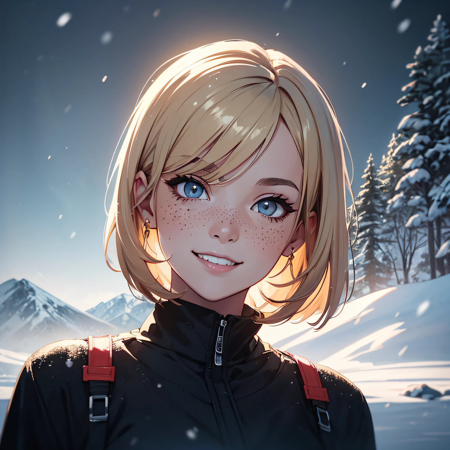 portrait of beautiful smiling woman with some freckles, snow-covered mountain landscape background by ilya kuvshinov and annie leibowitz. synthwave watercolor painting on canvas trending in artstation dramatic lighting abstract expressionism pastel shades tones (hd) golden ratio details aesthetic octane render excellent composition natural textures 8k oil paining masterpiece canon eos r4s 50