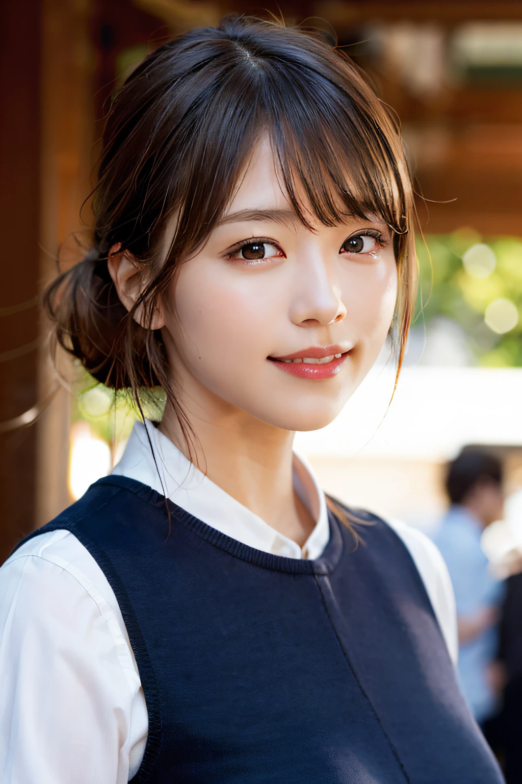 (8K、Raw photography、最好的质量、A masterpice:1.2)、(Realstic、photorealestic:1.37)、ultra -detailed、ultra-high-resolution、女の子1人、see the beholder、Beautiful detailed face、smile on face、Constriction、(Slim waist) :1.3)、shirts、Beautiful detailed skin、Skin texture、Floating hair、Professional lighting、Glasses、Whole human body、Brown hair