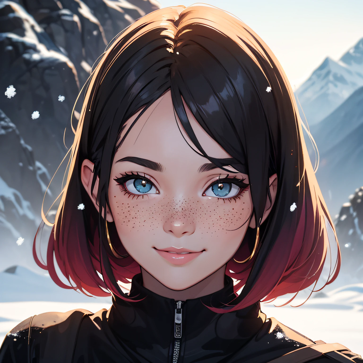 portrait of beautiful smiling woman with some freckles, snow-covered mountain landscape background by ilya kuvshinov and annie leibowitz. synthwave watercolor painting on canvas trending in artstation dramatic lighting abstract expressionism pastel shades tones (hd) golden ratio details aesthetic octane render excellent composition natural textures 8k oil paining masterpiece canon eos r4s 50