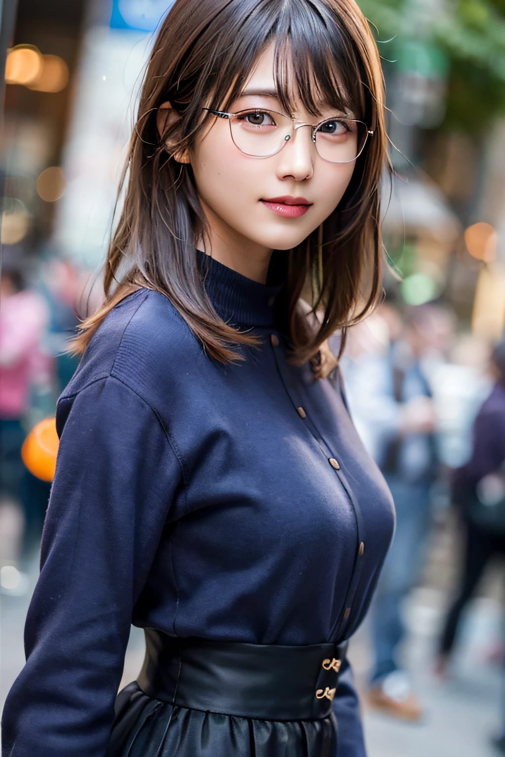 (8K、Raw photography、最好的质量、A masterpice:1.2)、(Realstic、photorealestic:1.37)、ultra -detailed、ultra-high-resolution、1人、see the beholder、Beautiful detailed face、smile on face、Constriction、(Slim waist) :1.3)、shirts、Beautiful detailed skin、Skin texture、Floating hair、Professional lighting、Glasses、Whole human body、Brown hair