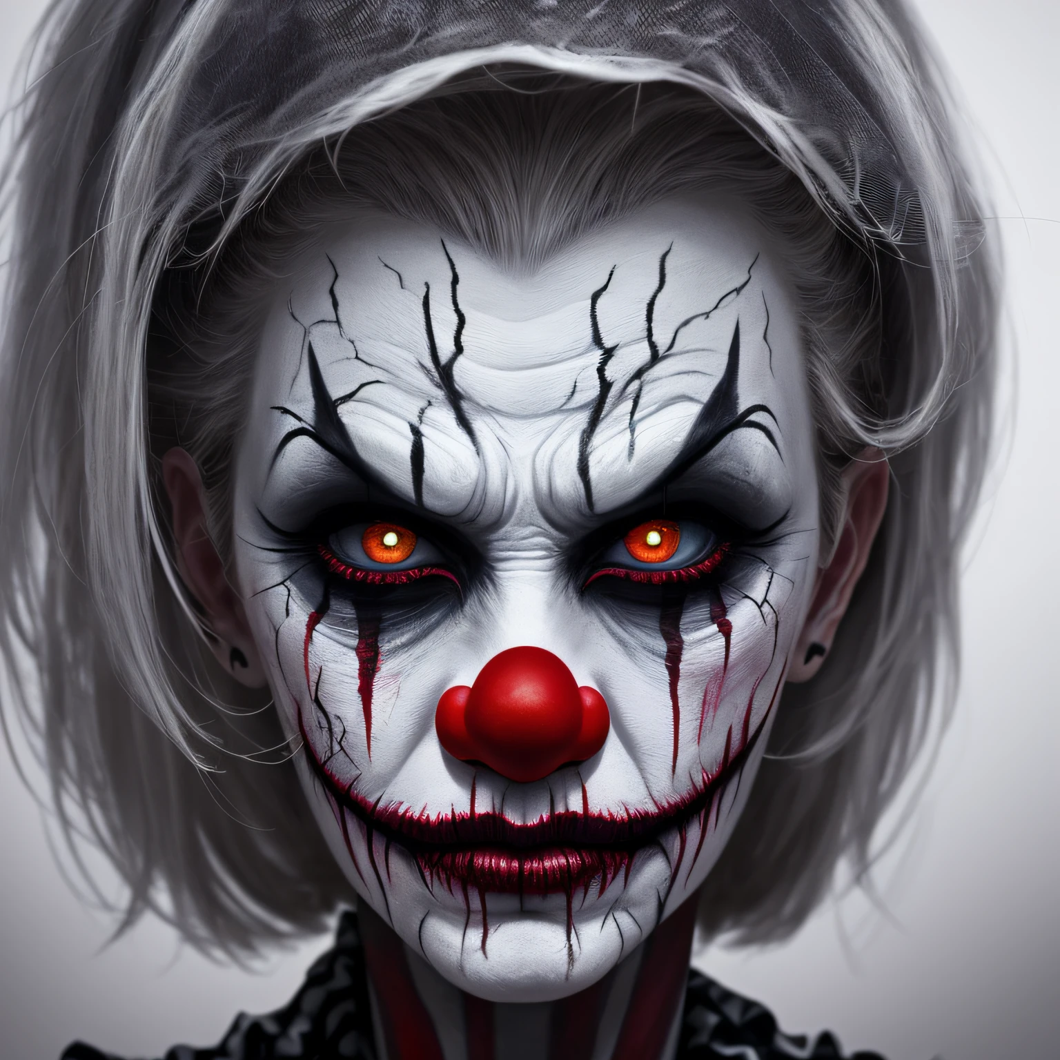 Nightmarish Makeup A detailed image highlighting the unsettling makeup of an evil clown, with exaggerated features, smeared colors, and unsettling patterns, adding to the sense of horror and deception, Ultra realism, color field printing, high detail, UHD, 8k, anatomically correct, cinematic lighting 4d quality --auto