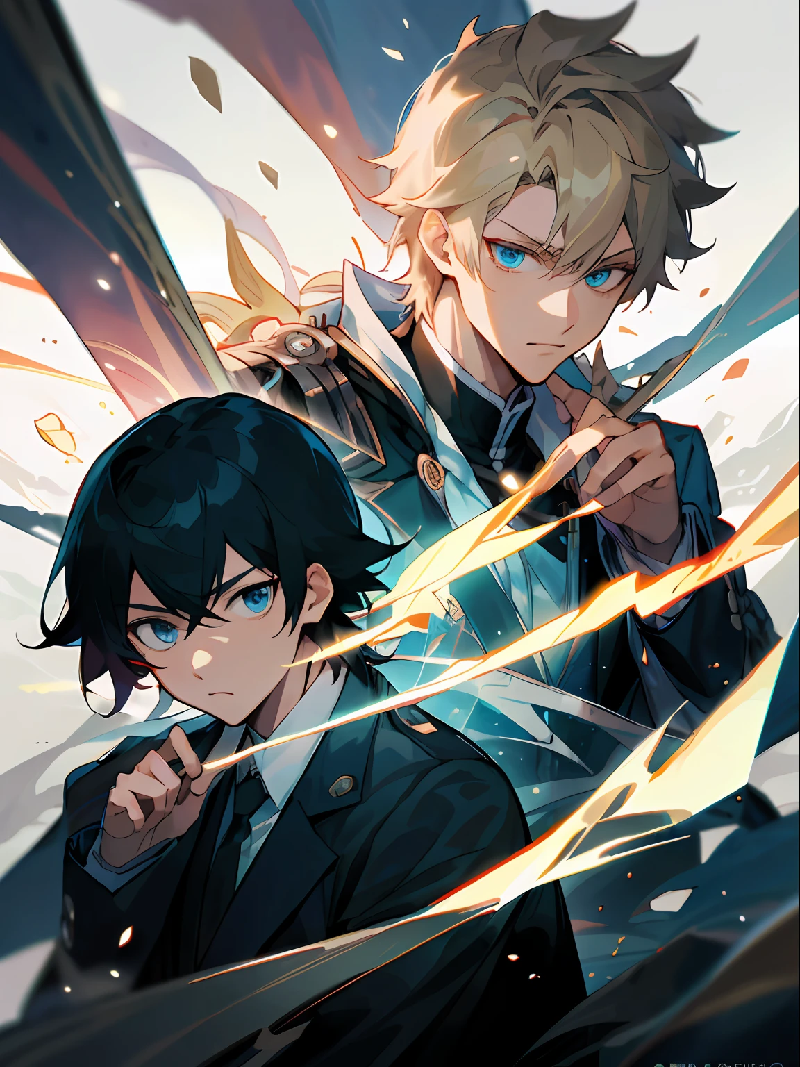 ((最好的质量、A masterpice))、Two anime handsome men、knights、black  hair、a blond、Blue eyes、Golden Eyes、sirius a and sirius b、Comic art、high quality fanart、from cryptid academia、inspired by Masanobu Okumura、epic anime style、detailed fan art、Akihiko Inoue and Rostran