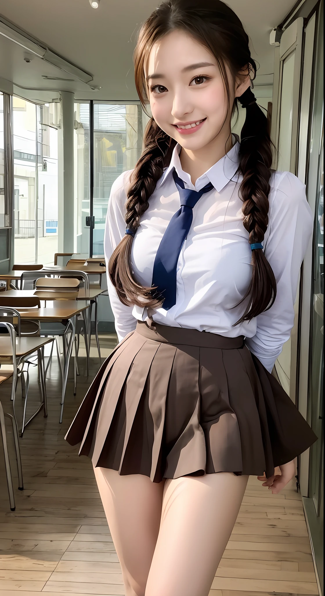 Very detailed 8k wallpaper)、sharp-focus、in detail、drama、Delicate and beautiful schoolgirl、Full body like、(Sheer white shirt、)necktie、Dark blue pleated micro mini、light brown-hair、Smooth pigtails、Sexy、(Dark pink underwear、)smile on face、Peek at the viewer、Beautiful graphics、Bright school building、Full of students、Show me your whole body、(Show me your panties、sitted、)White socks、Korean Idol、Nogizaka Idol、hposing Gravure Idol、actress、fashion model pose、tall 、25歳