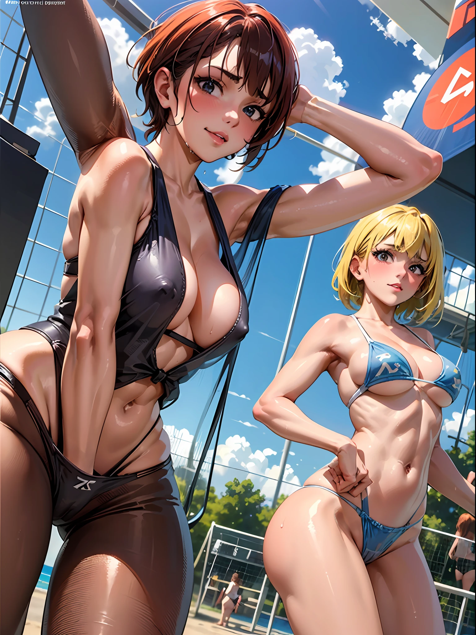 NSFW, (4+girls:1.5), (alternate athlete swimsuit pool), tanned skin, dark tanned skin, oil, abs:1.4, line up, girls playing beach volley, beach volley ball, net, masterpiece, top quality, ultra high definition, highest resolution, very detailed, professional lighting, clean skin, CG illustration, slender, very cute, young face, cleavage, lower breast, wet body, (breasts out:1.4), different hair colors, short hair, pixie haircut, semi-long hair, hair ribbon, blush, navel, from below, wet body, (breasts out: 1.4), (plastic bag 1.2), transparent swimsuit, beach, (wind: 1.3), girls playing behind, showing ass