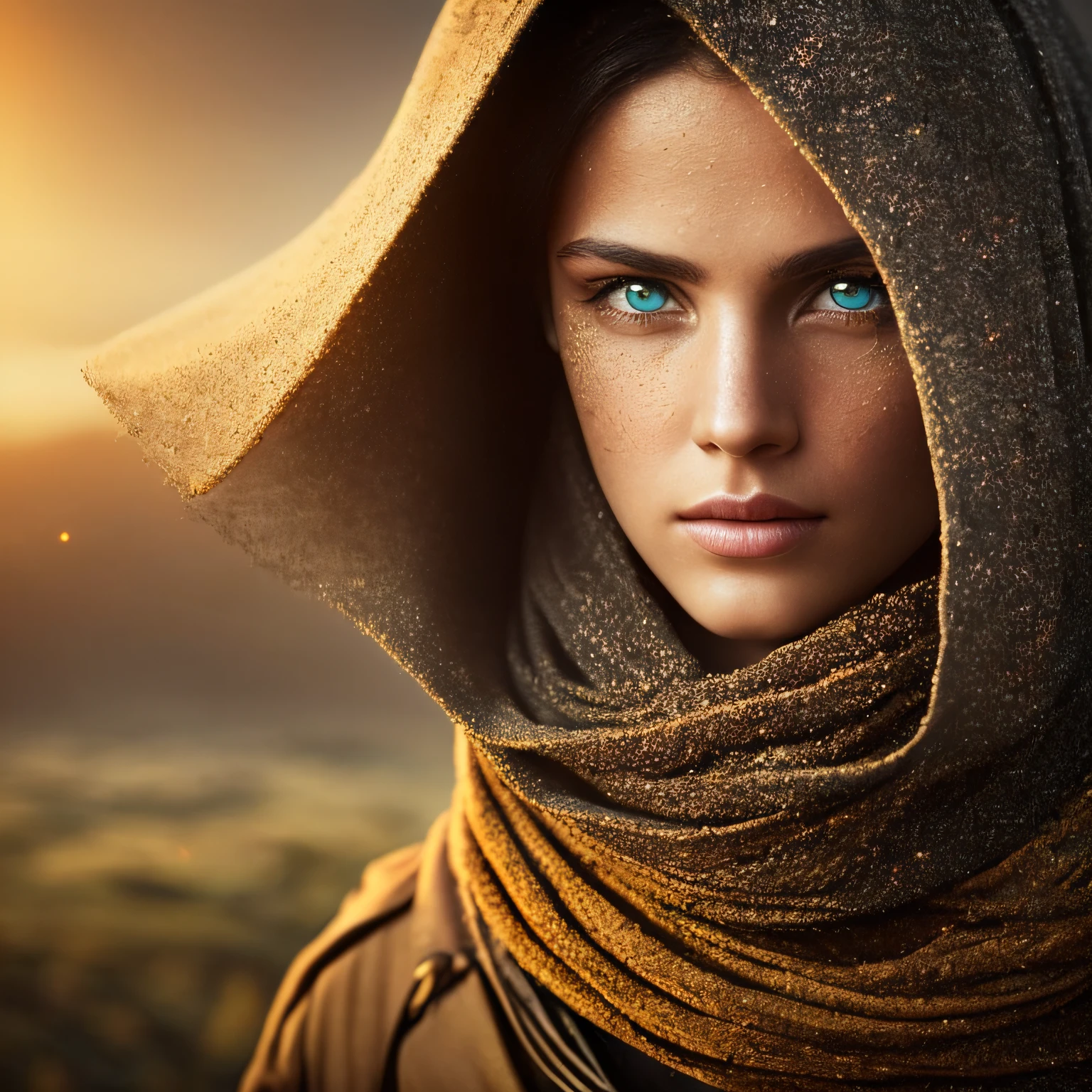 close up portratit of dune citadel (dark rider), hair covered with a fantastic turban, beard, transparent black veil, the composition is balanced and dynamic, fog, (detailed skin, skin texture), (intricately detailed eyes, fine details, hyperdetailed), epic cinematic, golden hour lighting, photojournalism, wignette, HDR, photo realistic, professional photo, sharp focus bokeh, (photo quality:1.4) --auto
