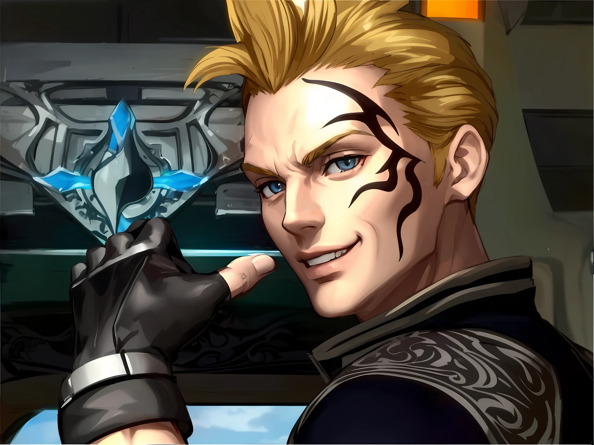 Zell Dincht, big smile, a close-up of a person with a glove and a tattooed face, En tant que personnage dans Tekken, Final Fantasy Face, Style Final Fantasy 1 2, Gilgamesh, Personnage de jeu de combat, xqc, Partie Brando, de virtua figther, inafune design, avatar image, thancred waters, Personnage de Final Fantasy, Aion, soul calibur . (Masterpiece : 1,8), 64k quality, final fantasy artwork concept, detailed manga eyes, detailed hair, detailed clothes, detailed body, cleaner designs, detailed face pronounced, shiny objects like jewels, see creases on clothes, more coherent clothing, more rounded eyes transparent liquid globular, more colors, more coherent clothing , correct the features of the clothes, better eyes contour, better shoulders, really colorful, coarser line, black line, finishing . (coarser line) (black line) (homogeneous rendering: 1.3)