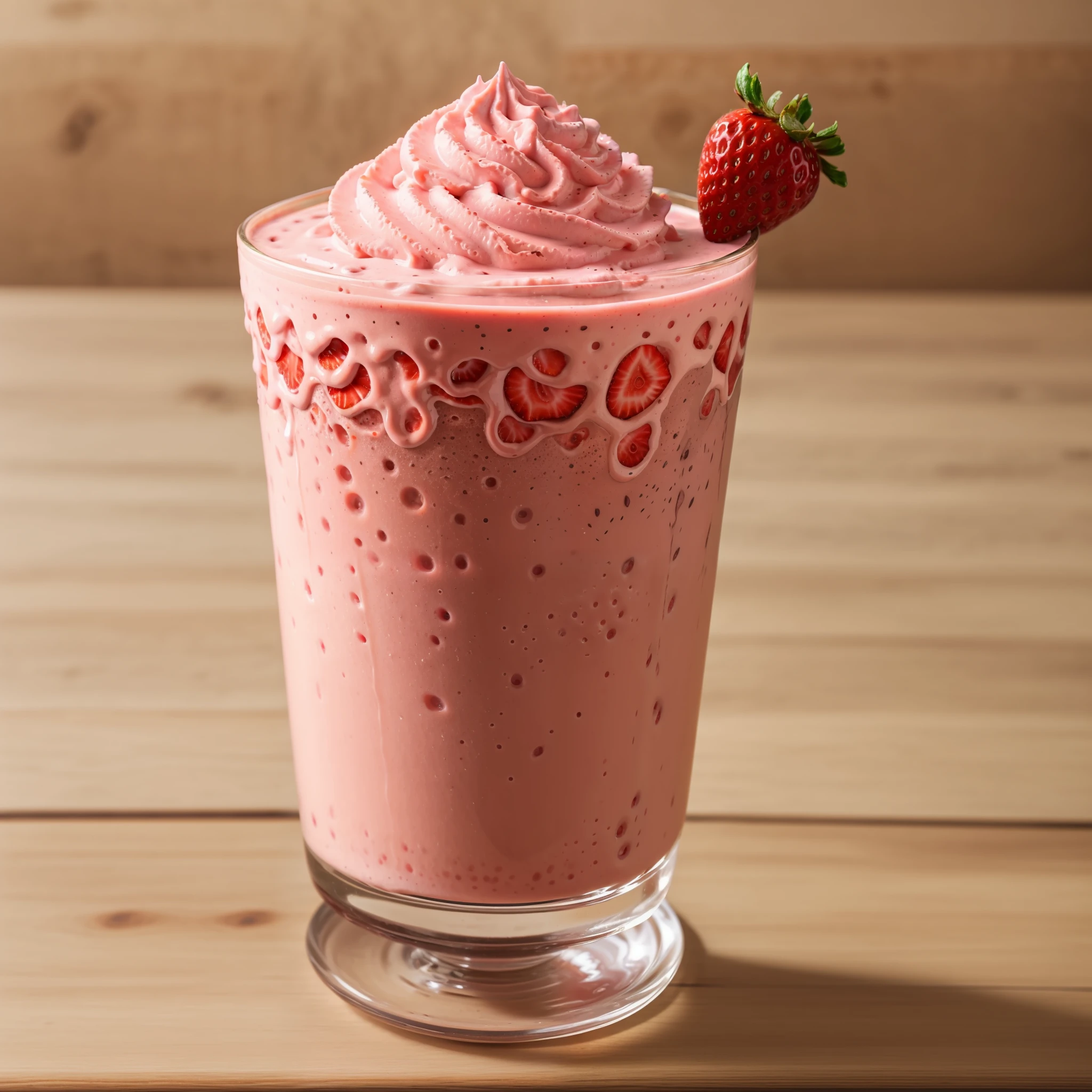 RAW photo, strawberry milkshake, foodphoto, professional colour grading, soft shadows, no contrast, clean sharp focus, foodphoto,