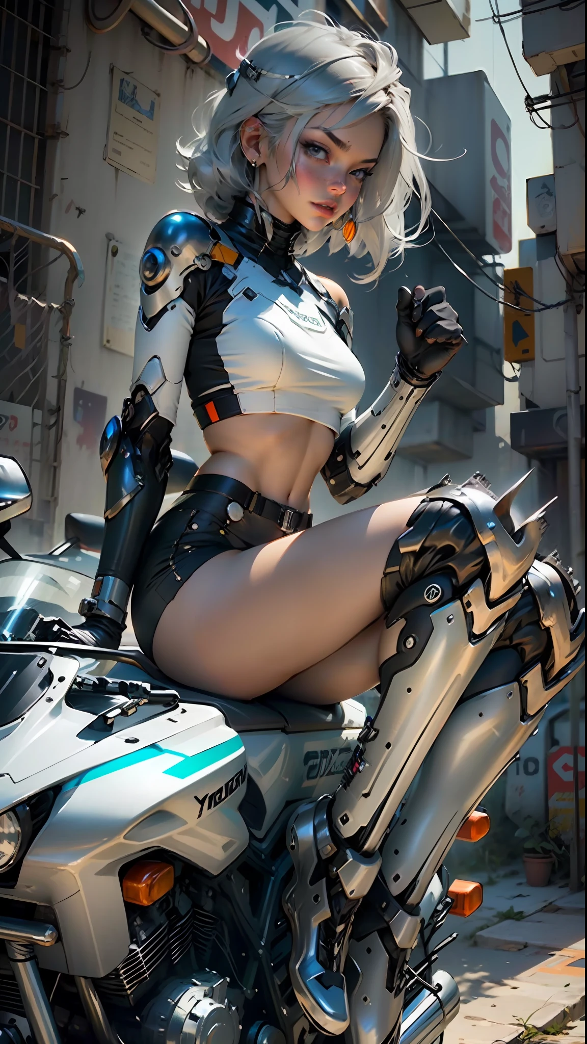Woman body definition thick thigh cybernetic body parts，Short underwear，Gray hair sitting on a mechanical motorcycle