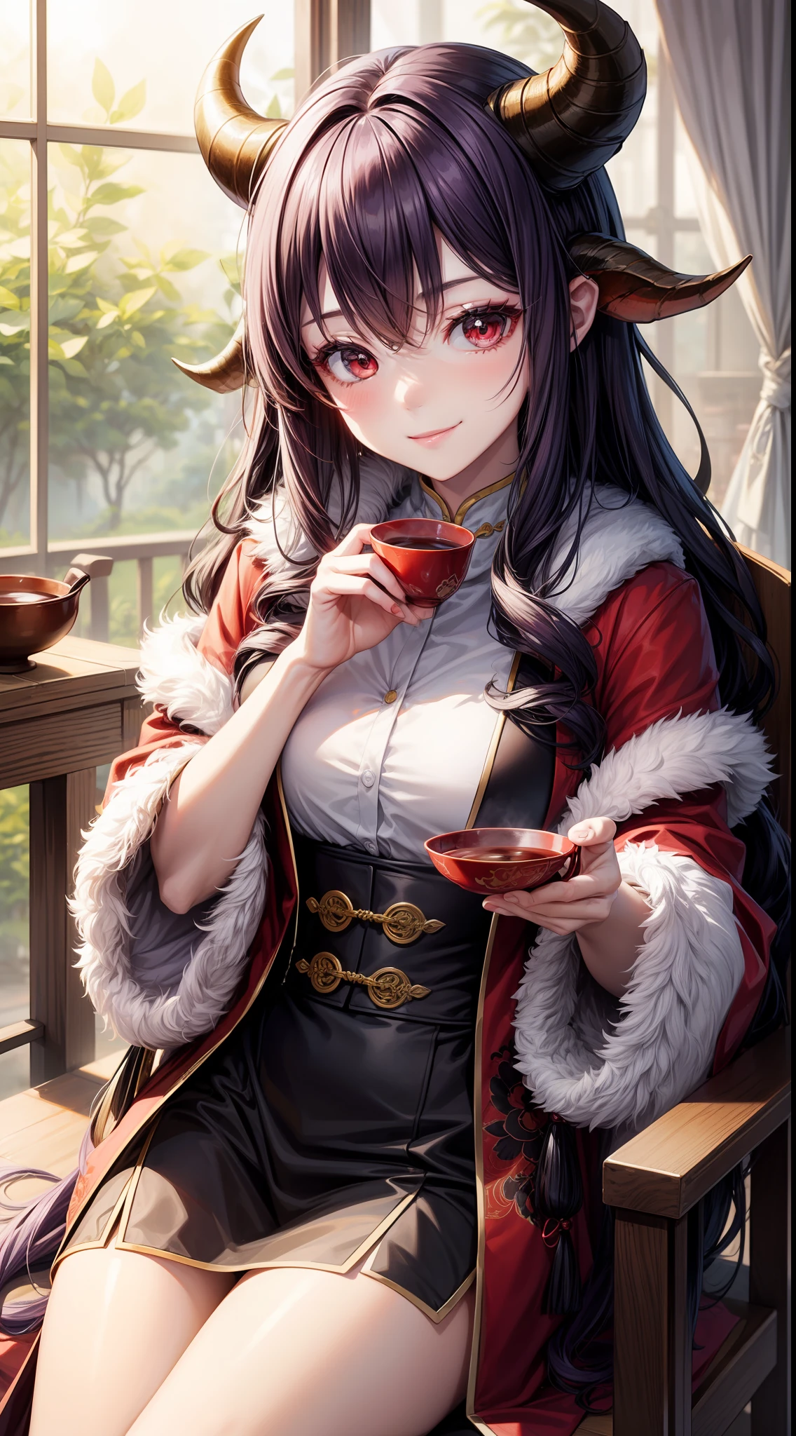 young girl, long curly purple hair, red eyes, Pale, rich Chinese fur coat, Horns, a smile, tea, 巨作, high qulity