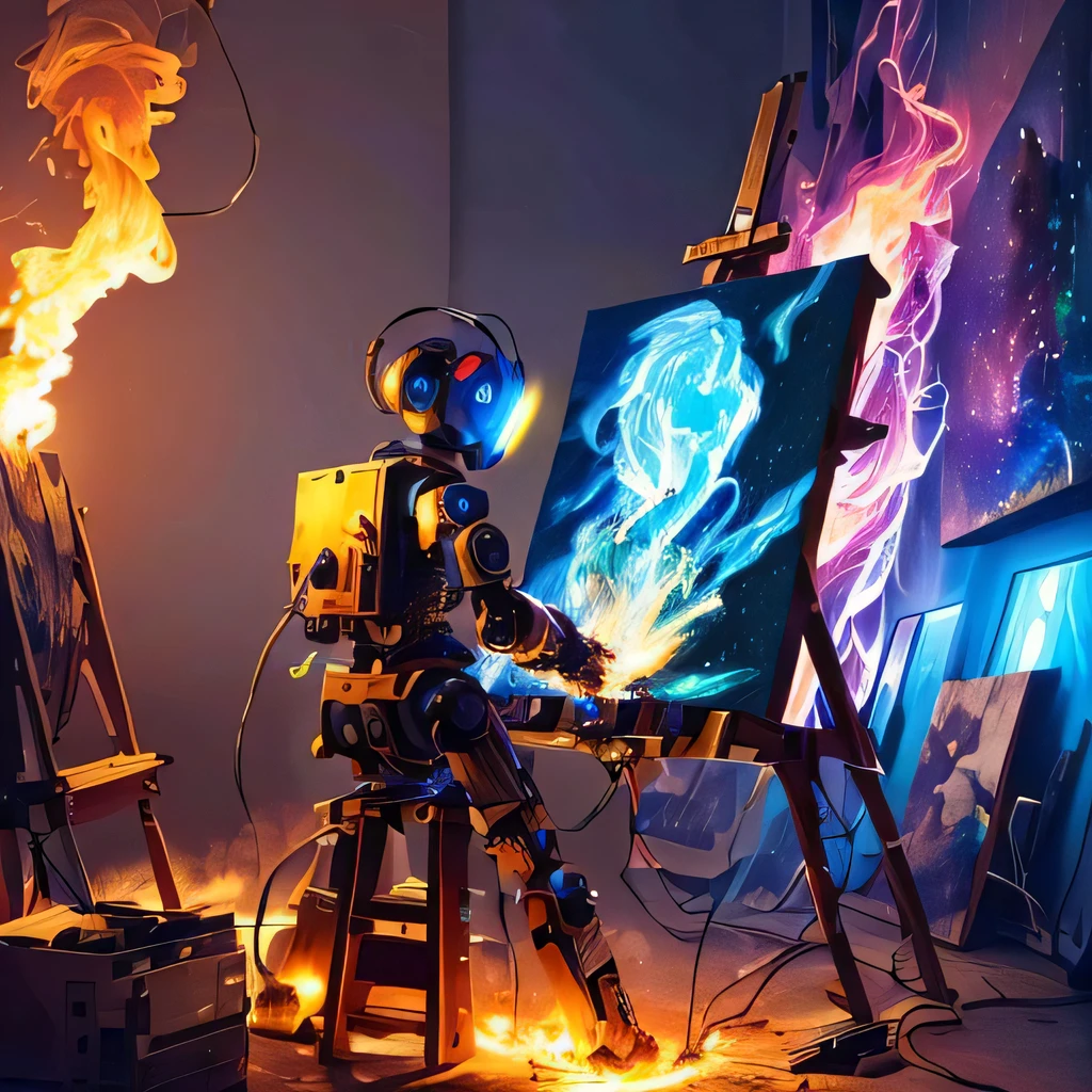 (masterpiece, best quality, highres, absurdres, detailed:1.2), humanoid, robot, wearing headphones, looking away, (cyberpunk, art canvas, paint brush, easel, iridescent, holographic: 1.6), (cables, wires, flames, fire, smoke, overheat, explosion, indoors, room, simple background)