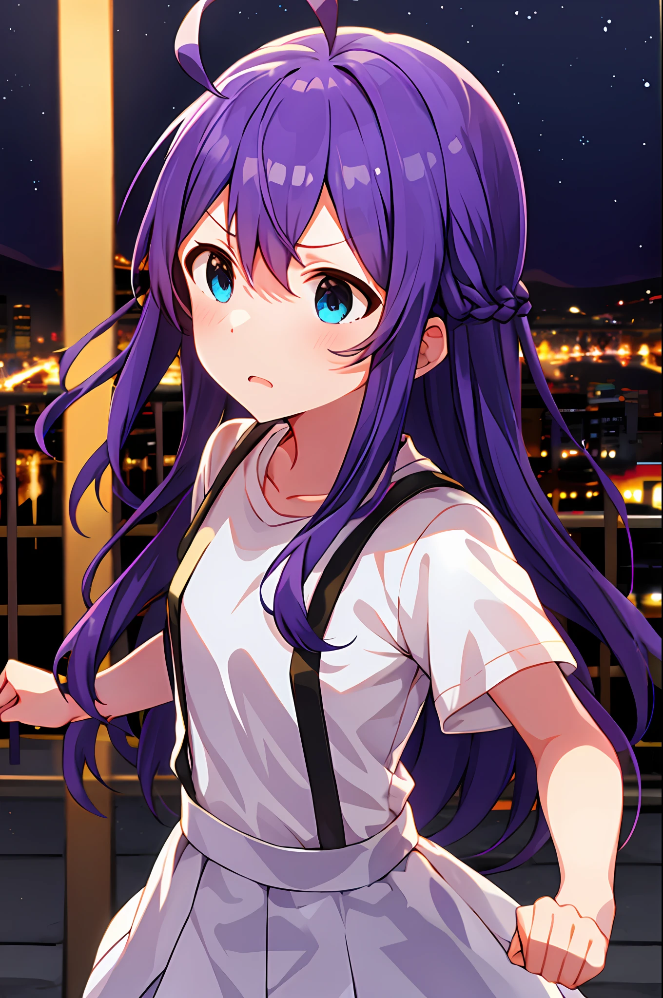 mochizuki anna,1girls,Solo,Long hair,Purple hair,Small_Ahoge,Blue eyes.Short stature.white t-shirts.suspenders.Skirt.Night view.fighting stance.Despair face.Clench your fists.