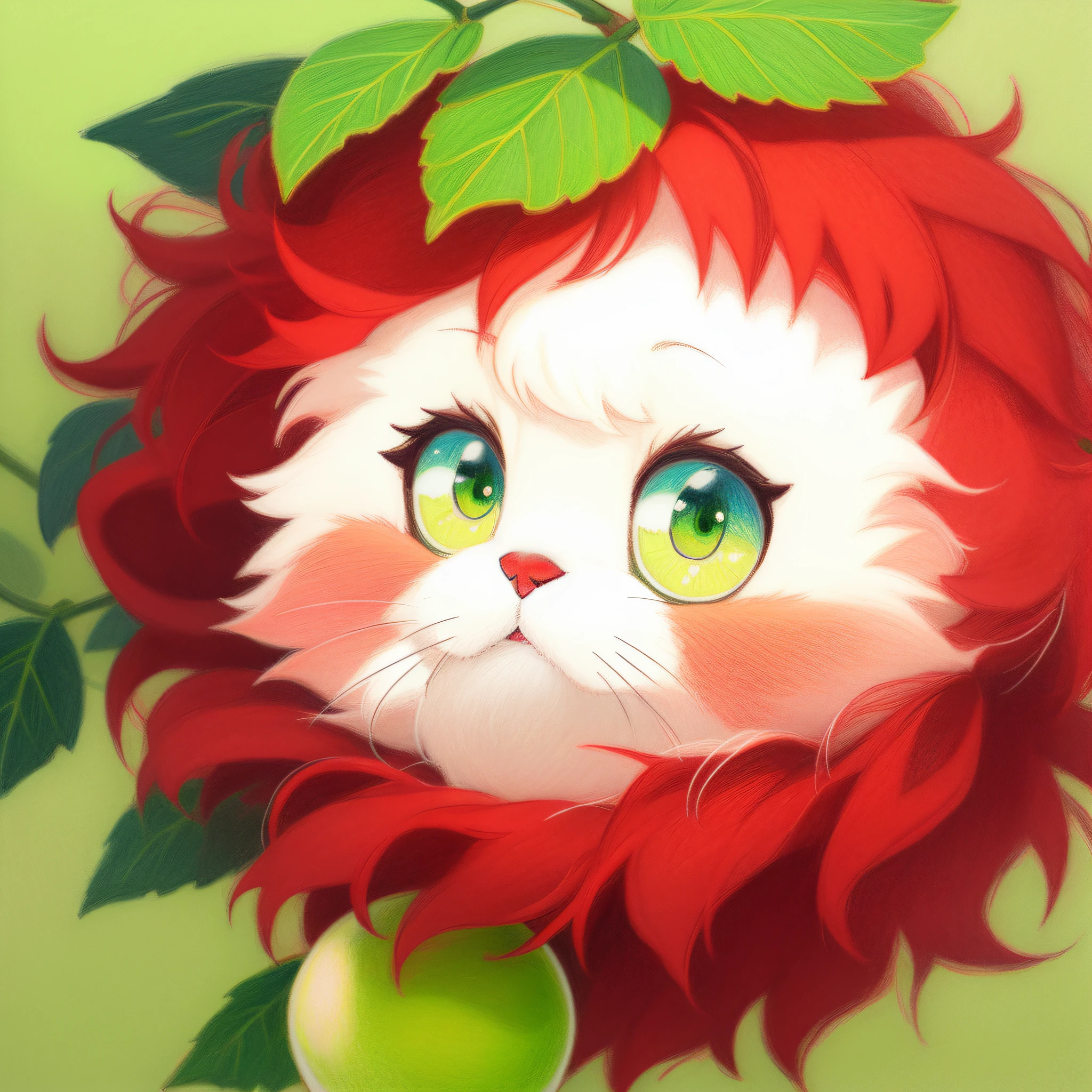 Fluffy cute ball that is a cherry, lime-green eyes, deep red fluff, green stem, masterpiece, best quality, ((In Pastel Drawing style))