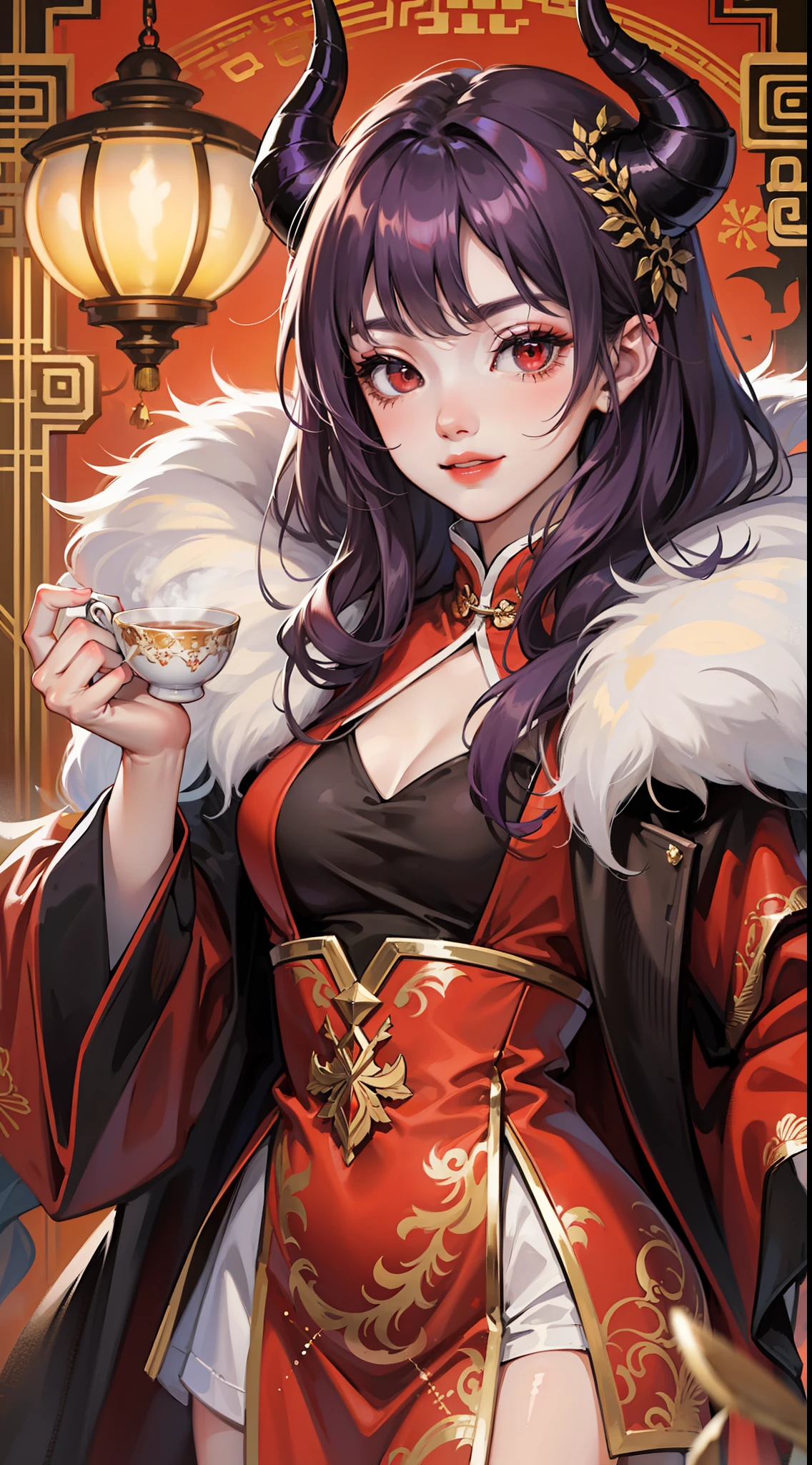 young girl, long curly purple hair, red eyes, Pale, rich Chinese fur coat, Horns, a smile, tea, 巨作, high qulity