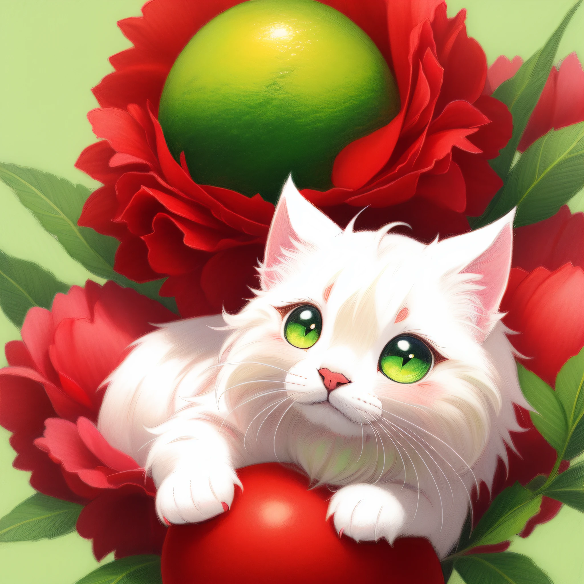 Fluffy cute ball that is a cherry, lime-green eyes, deep red fluff, green stem, masterpiece, best quality, ((In Pastel Drawing style))