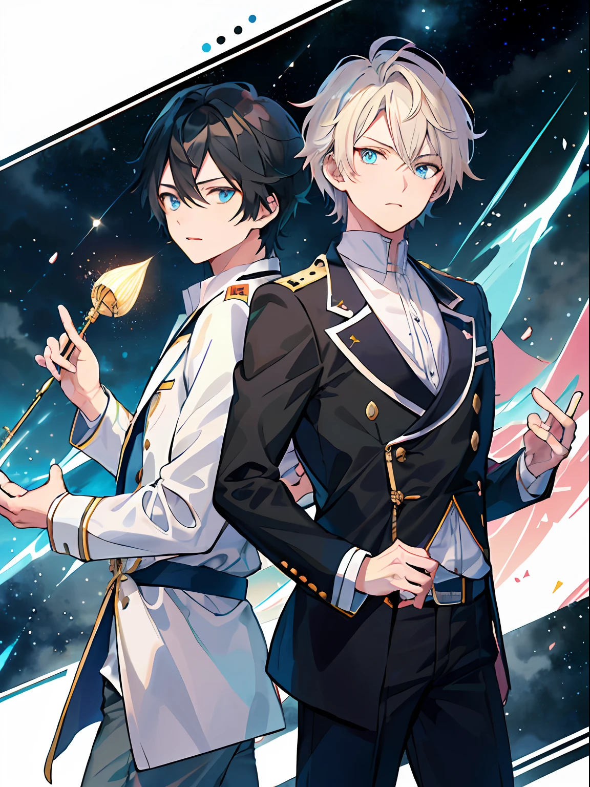 ((最好的质量、A masterpice))、Two anime handsome men、knights、black hair、a blond、Blue eyes、Golden Eyes、sirius a and sirius b、Comic art、high quality fanart、from cryptid academia、inspired by Masanobu Okumura、epic anime style、detailed fan art、Akihiko Inoue and Rostran