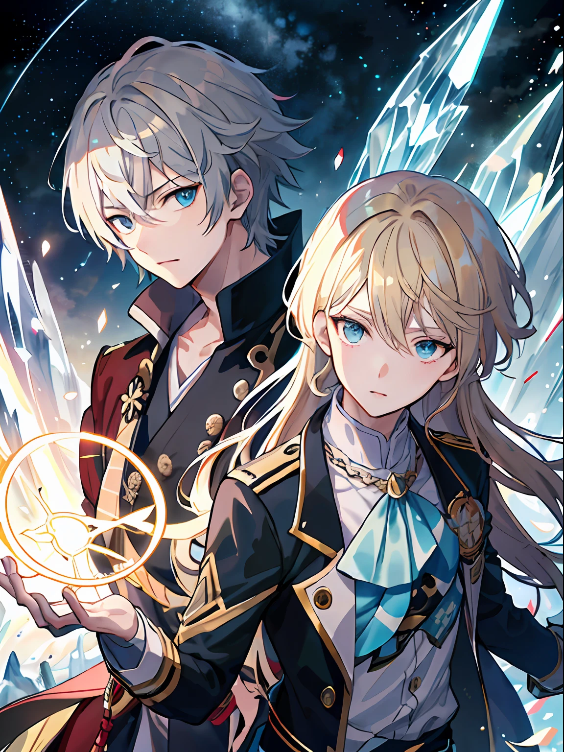 ((最好的质量、A masterpice))、Two anime handsome men、knights、black hair、a blond、Blue eyes、Golden Eyes、sirius a and sirius b、Comic art、high quality fanart、from cryptid academia、inspired by Masanobu Okumura、epic anime style、detailed fan art、Akihiko Inoue and Rostran