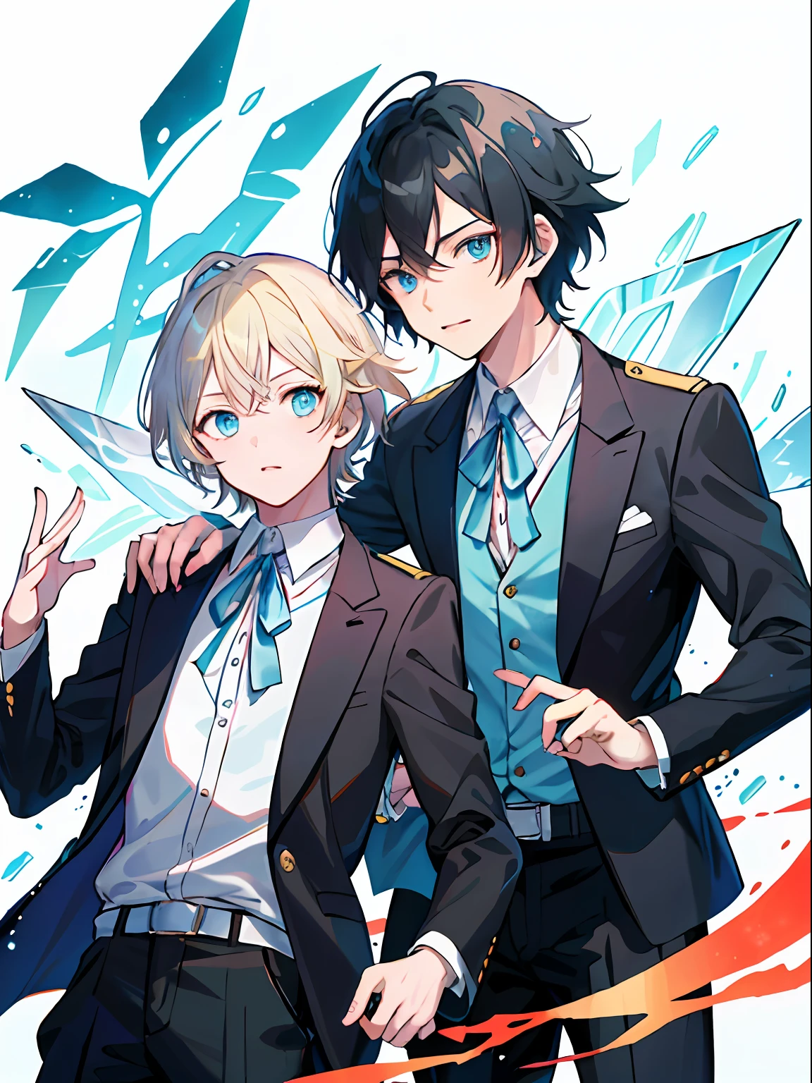 ((最好的质量、A masterpice))、Two anime handsome men、knights、black hair、a blond、Blue eyes、Golden Eyes、sirius a and sirius b、Comic art、high quality fanart、from cryptid academia、inspired by Masanobu Okumura、epic anime style、detailed fan art、Akihiko Inoue and Rostran