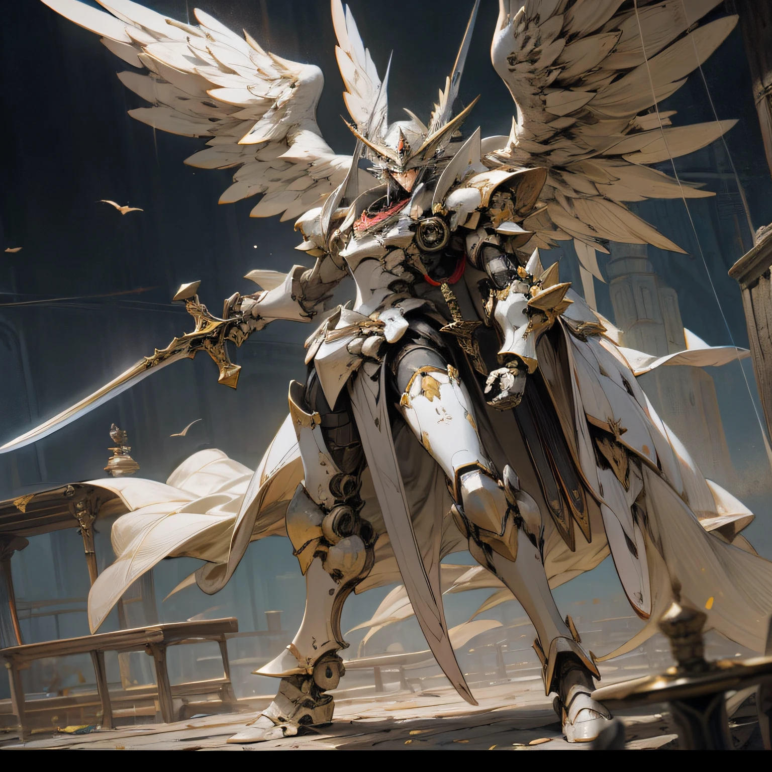 Arad image of a robot with wings and sword, from Ark Night, Armor Angle with Wings, Ark Night, glossy white armor, Archangel, Alexander Fira white mech, Raymond Swanland style, white armor, albedo of anime overlord, gunnier, detailed white armor, mecha wings