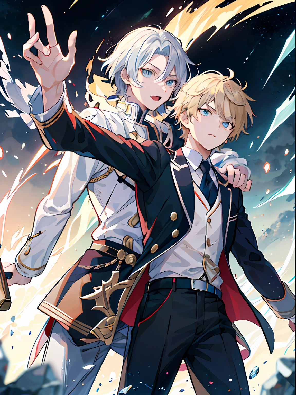((最好的质量、A masterpice))、Two anime handsome men、knights、black hair、a blond、Blue eyes、Golden Eyes、sirius a and sirius b、Comic art、high quality fanart、from cryptid academia、inspired by Masanobu Okumura、epic anime style、detailed fan art、Akihiko Inoue and Rostran