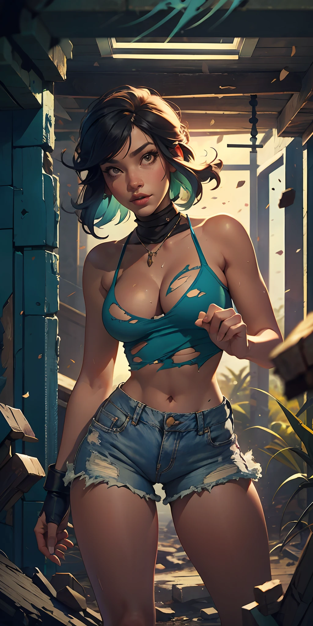 The Urban Ruins of the Wasteland, Female huntress picking fruit in the garden, torn shirt and denim shorts , sweating through, sun rising, Nice warm colors, The best volumetric lighting, Hyper Contrast, particles of sunlit dust
