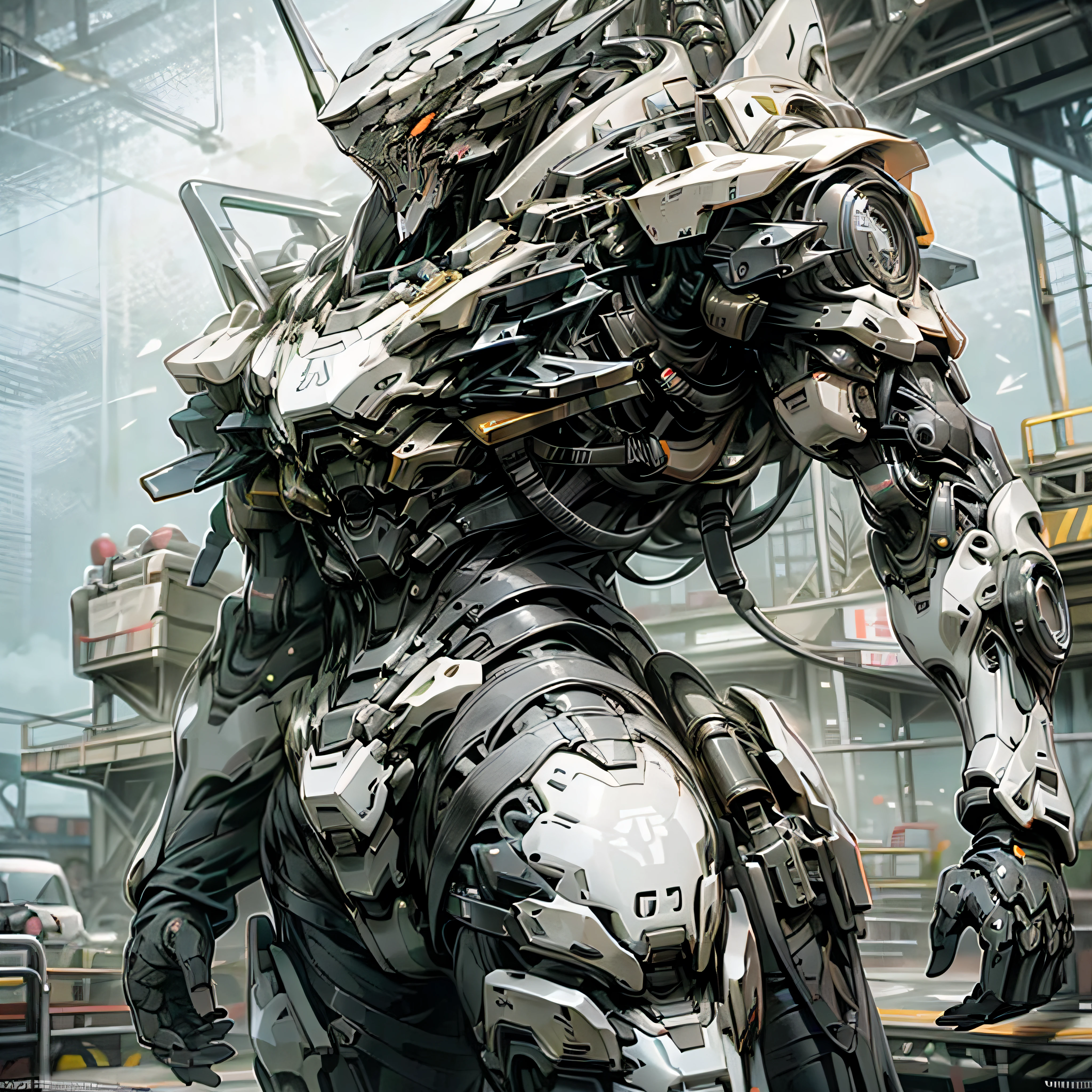 Hay una mujer caminando en un warframe futurista caminando en un warframe futurista, standing in front of a mecha dragon with a sword, popular en CGSTATION, estilo 3D de anime realista, Ilustraciones de estilo Guviz, Guwiz, Realidad del anime 3D, Sakimichan HDRI, por Yang J, Hermosa obra de arte digital, Tendencias en CGVatstation, Guvitz en ArtStation pixiv