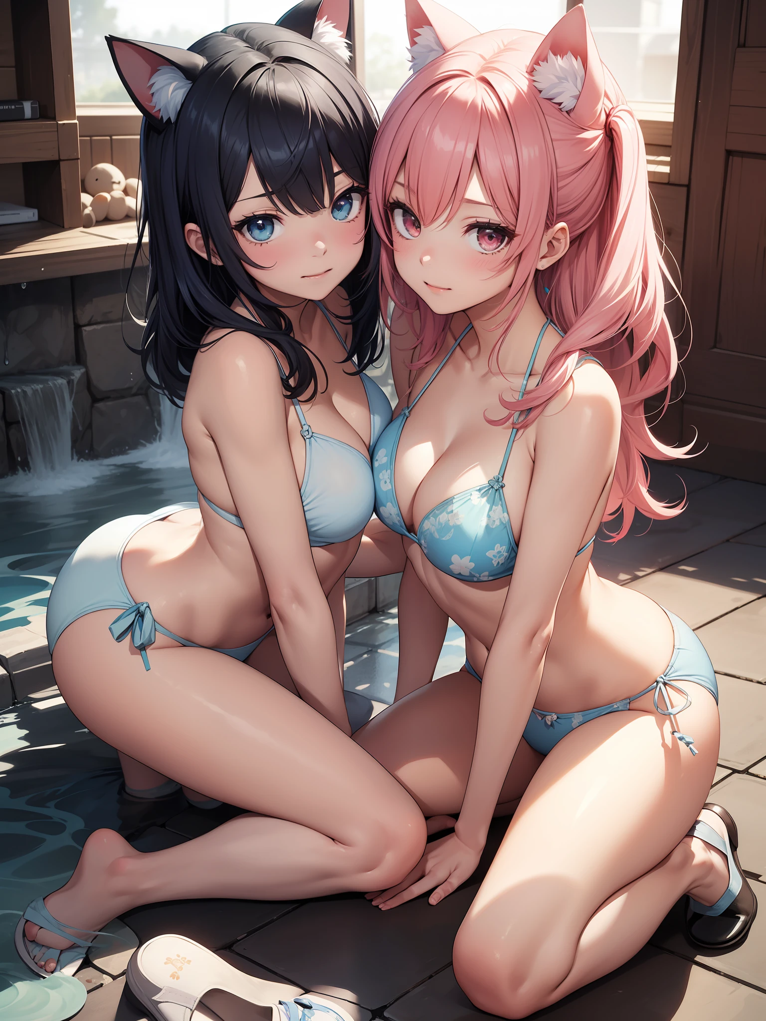 absurdist、ultra -detailed、A masterpice、最好的质量、BRAEK、Official art、（Beautifully Aesthetic：１.２）、（water colour：Curly）、BRAEK、Devilish Beautiful Girl、a beautifulchi girl、（kawaii：⒈３）、yearsold、BRAEK、colourful hair、Splash、（Mixed blue and pink hair：１.２）、(フラクタルアート1.３)、BRAEK、cat ear、A sexy、BRAEK、shoe、humanoide、BRAEK、white  bikini、BRAEK、red-eyed、BRAEK、From Side、looking the viewer、BRAEK、Plush bets、all on fours、BRAEK、shyness、tension、blushful、happy facial expression。BRAEK、Showa gravure、quad、behind from、BRAEK