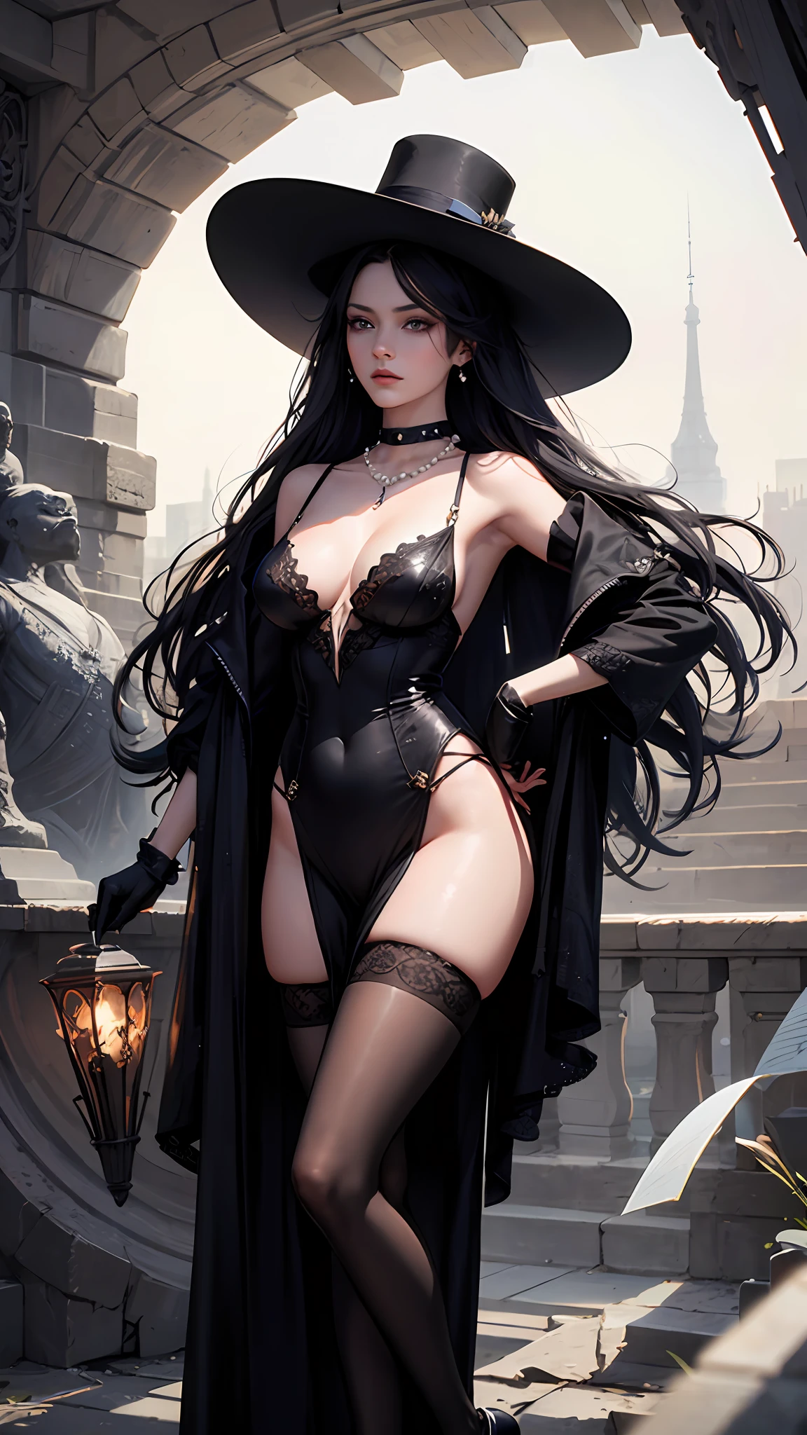 1girls, widow,Delicate and beautiful face, Angry, pearl choker,Full, symmetrical chest,Convex buttocks,black long dress,black lence stockings,black heels,Black hat,long black gloves,perfectly proportioned, Detailed clothing details,overcast weather,funeral,Cinematic lighting, filmgrain, Fujicolor, light and darkcontrast, 8K, 巨作, Textured skin, Super detail, high detailes, High quality, high resolucion,