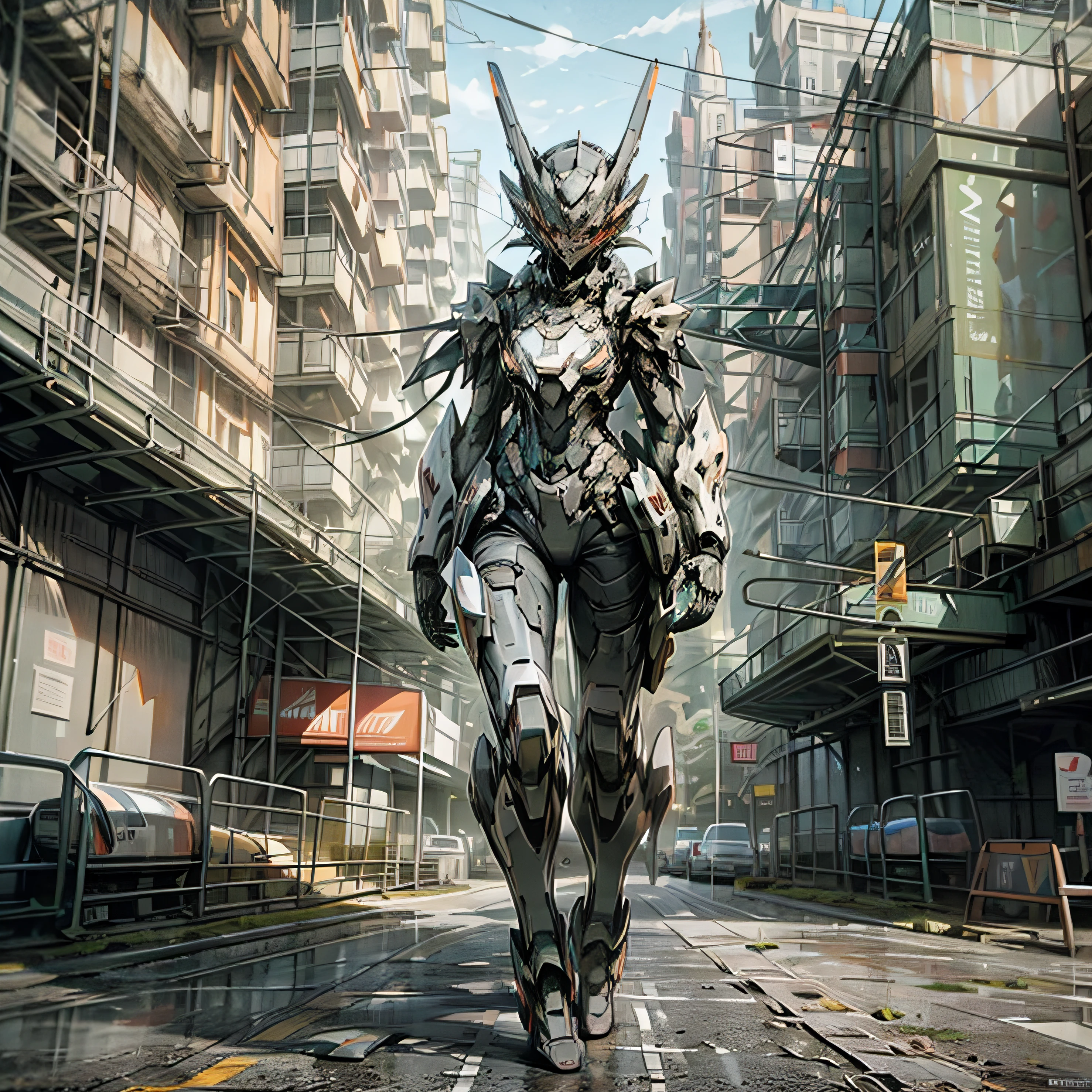 Hay una mujer caminando en un warframe futurista caminando en un warframe futurista, standing in front of a mecha dragon with a sword, popular en CGSTATION, estilo 3D de anime realista, Ilustraciones de estilo Guviz, Guwiz, Realidad del anime 3D, Sakimichan HDRI, por Yang J, Hermosa obra de arte digital, Tendencias en CGVatstation, Guvitz en ArtStation pixiv