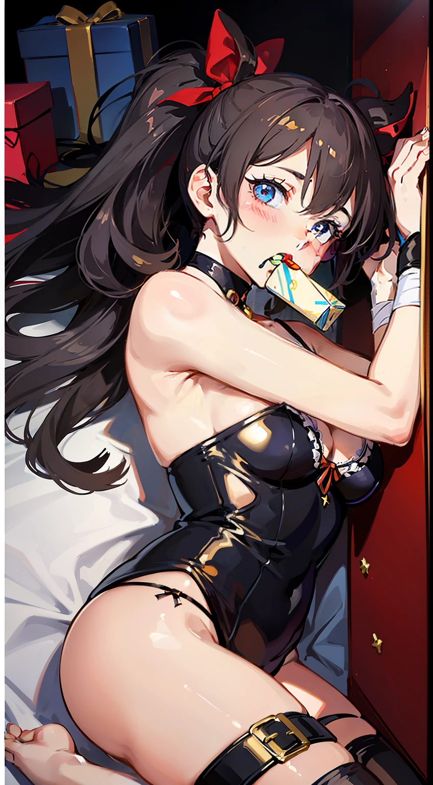 (Top Quality, High Resolution, 8K, Masterpiece: 1.2), (Realistic, Photorealistic: 1.3),High Refractive Index:1.2, Film Grain, Blurry Bokeh:1.2, Lens Flare, 1 Girl, (Vibrant Color:1.2), (Delicate), (Scary, Teary, Surprised)))), ((Girl lying in a box, Rounded hair, Girl in a Box)), (Curled up, from the side, from above, tied arms, back arms), short twin tails, pigtails, hair accessories, eye patch, covered, ((covering the mouth))), gagged, big tits, (gift box girl), full body, bondage, in the box, bandage, present, ribbon, look at the viewer, blush, toy, chest, hair, christmas, gift box, tied wrists, ribbon bondage, heavy cream