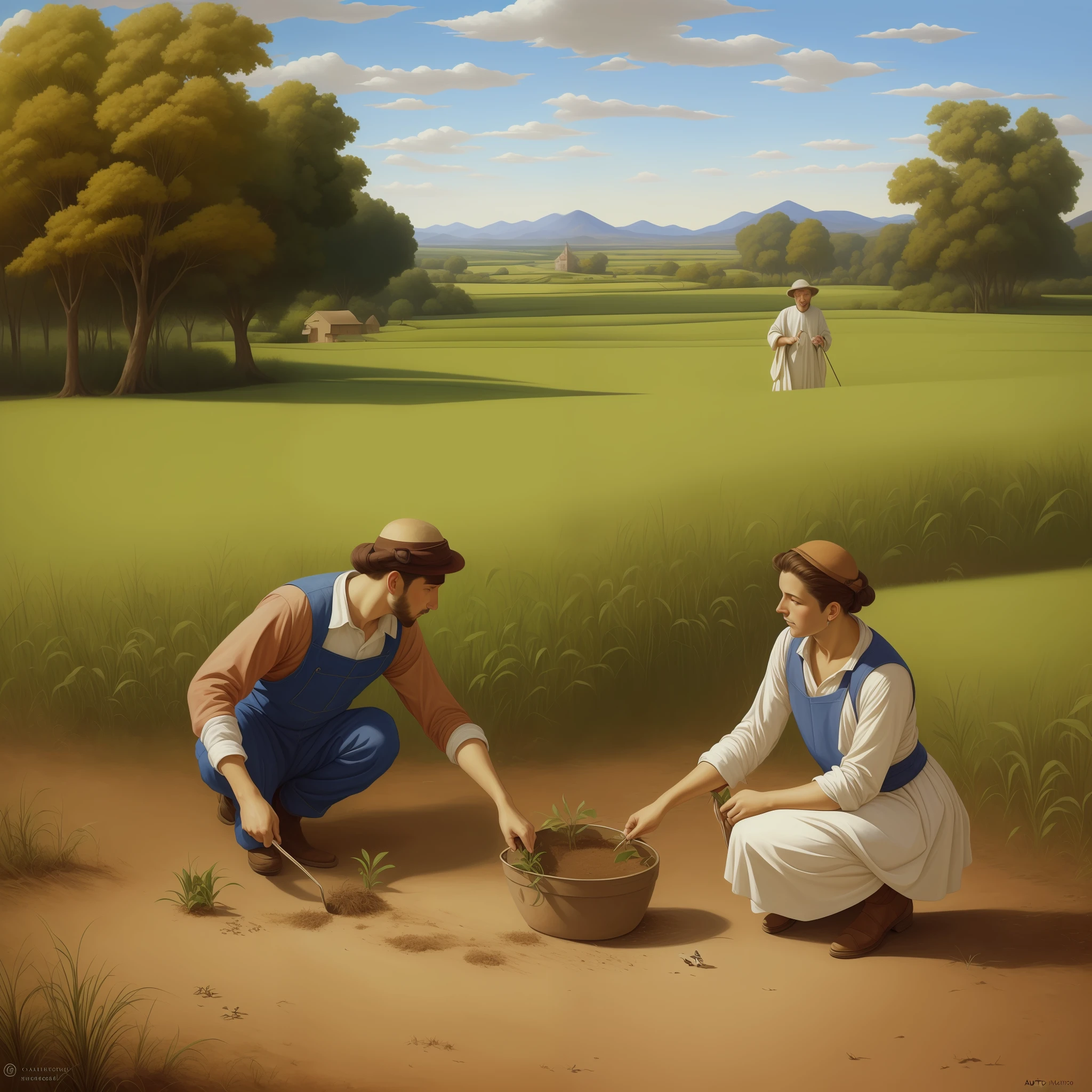 A realistic portrait of a sower in the field from the time of Jesus Christ, large and beautiful field biblical image, realista, beside the man sowing small birds eating the seeds.or abbott fuller graves, bartolome esteban murillo, jc leyendecker, craig mullins, peter paul rubens, (caravaggio), trend in artstation, 8k, Concept Art, PhotoRealistic, Realistic, Illustration, Oil Painting, Surrealism, HyperRealistic, brush brushes, Arte digital, estilo, aquarela, hiper realista foto realista com alta nitidez --auto