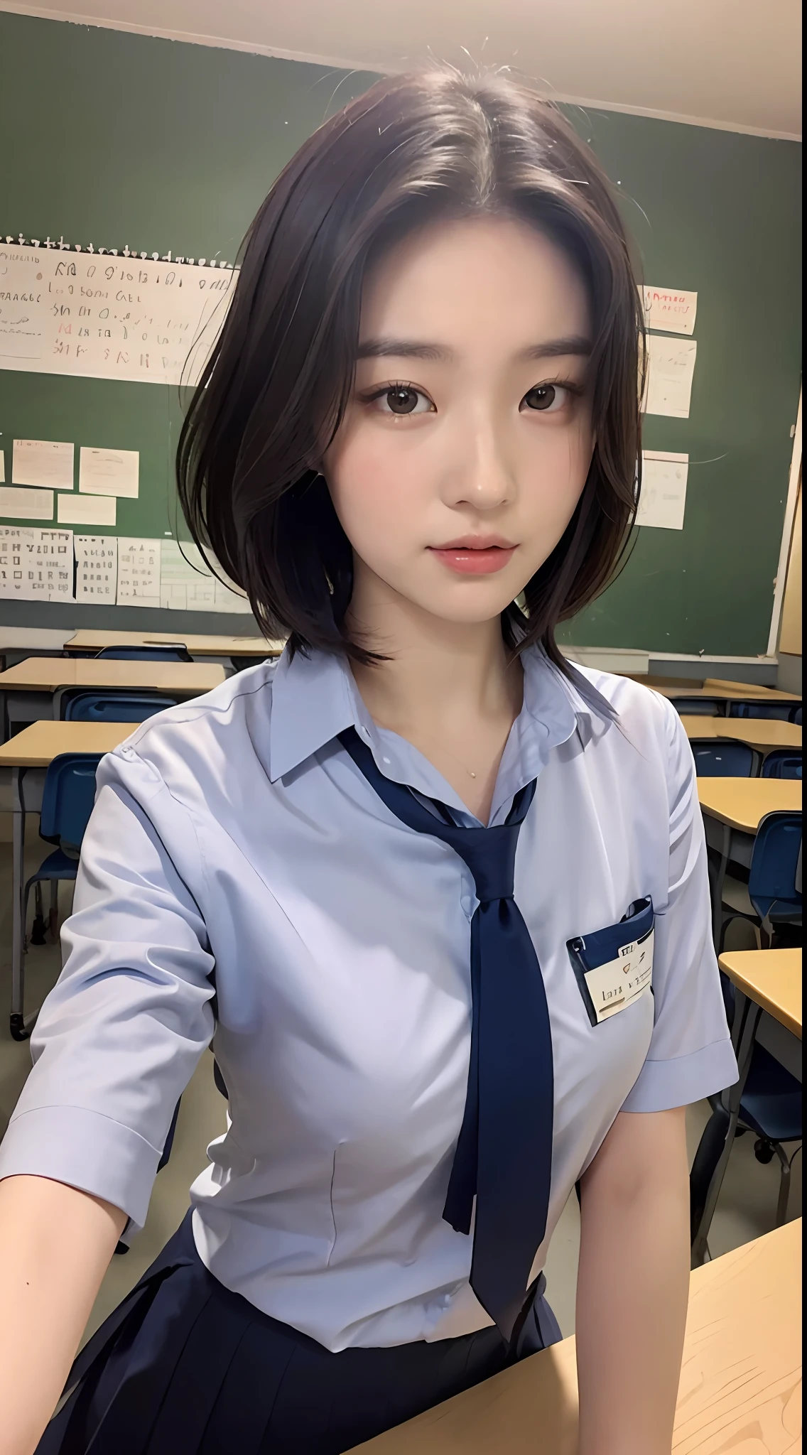 (最佳质量,high resolucion,nmasterpiece:1.3),A tall and beautiful woman with a slender figure,(Dark Brown Short Hair),in school uniform,is inside a school room,The details of the face and skin texture are beautifully rendered,Detailed eyes,双眼皮,