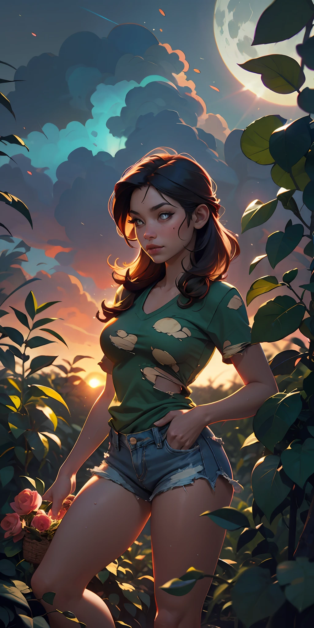 The Urban Ruins of the Wasteland, Female huntress picking fruit in the garden, torn shirt and denim shorts , sweating through, sun rising, Nice warm colors, The best volumetric lighting, Hyper Contrast, bushes of wild roses