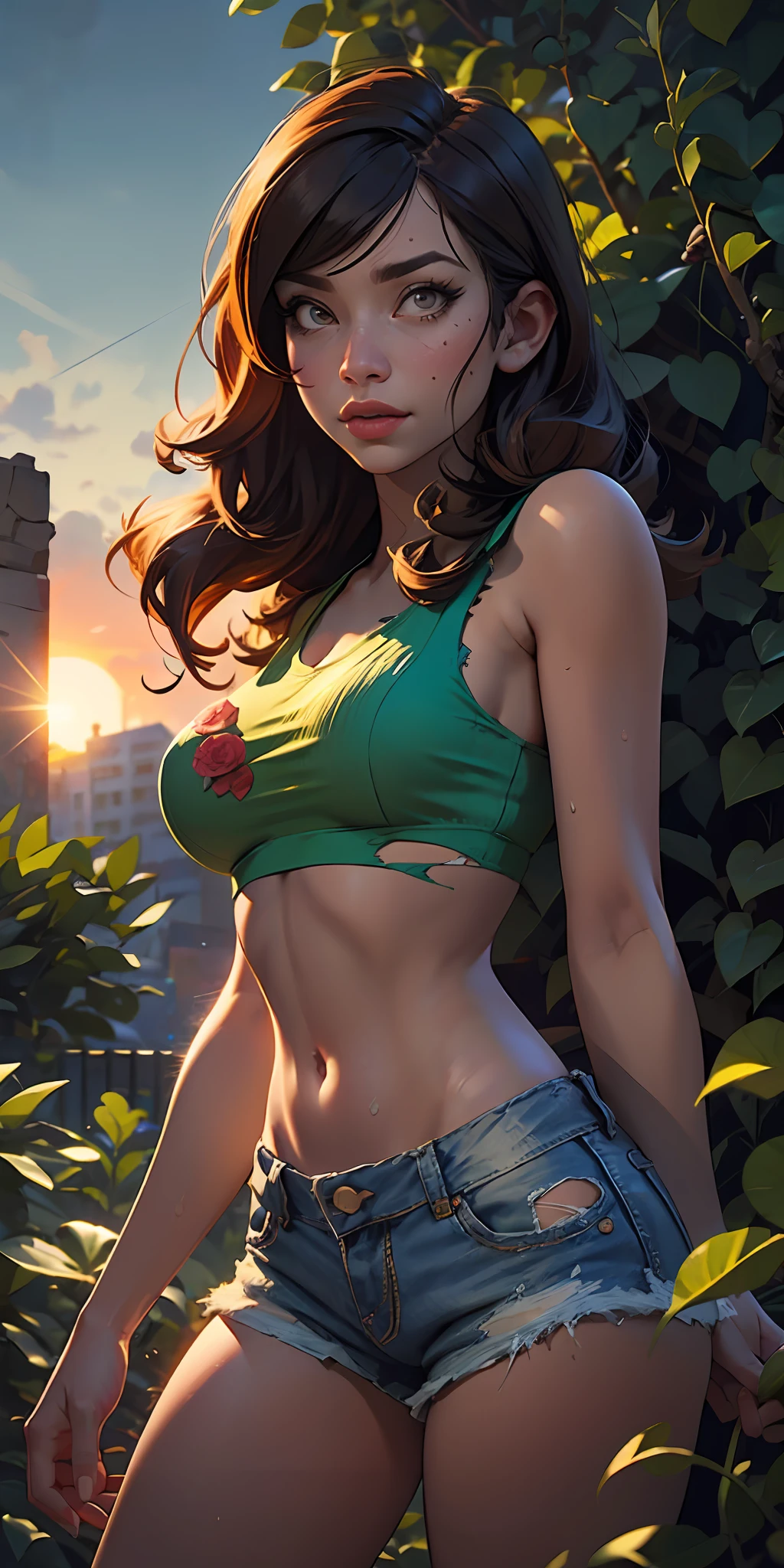 The Urban Ruins of the Wasteland, Female huntress picking fruit in the garden, torn shirt and denim shorts , sweating through, sun rising, Nice warm colors, The best volumetric lighting, Hyper Contrast, bushes of wild roses