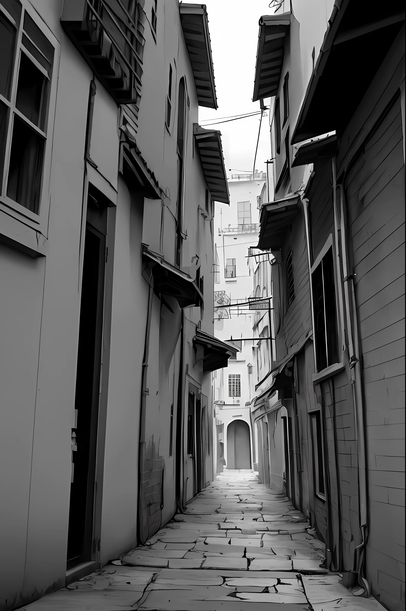 ((masterpiece,best quality,ultra detailed,ultra high res,detailed background)),chiaroscuro,street,alley,greyscale,