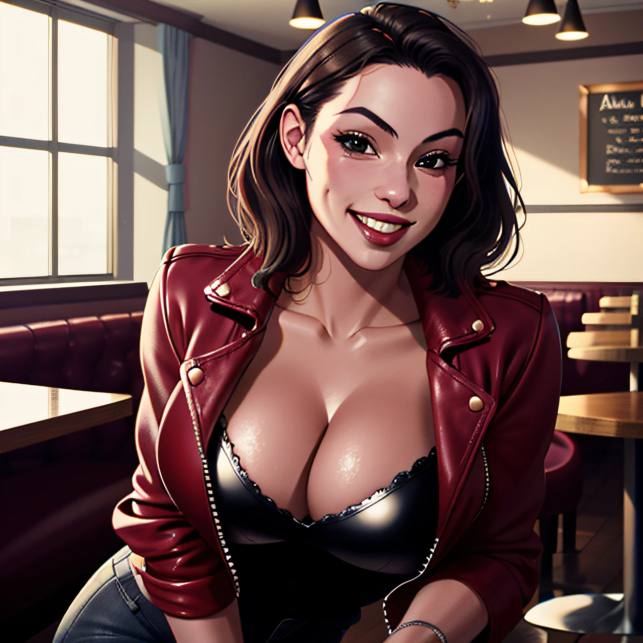 amrbray, a woman with a sexy smile posing for a picture in a cafe in a leather jacket , 4k, RAW, high detail, high quality , highly detailed skin, realistic face, presenting cleavage, very seductive,