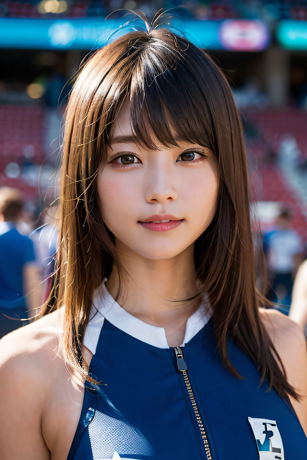 (8K、Raw photography、最好的质量、A masterpice:1.2)、(Realstic、photorealestic:1.37)、ultra -detailed、ultra-high-resolution、女の子1人、see the beholder、Beautiful detailed face、smile on face、Constriction、(Slim waist) :1.3)、shirts、Beautiful detailed skin、Skin texture、Floating hair、Professional lighting、Haut du corps、Whole human body、Longhaire、a blond、Women's Marathon Uniforms、Athletics Stadium