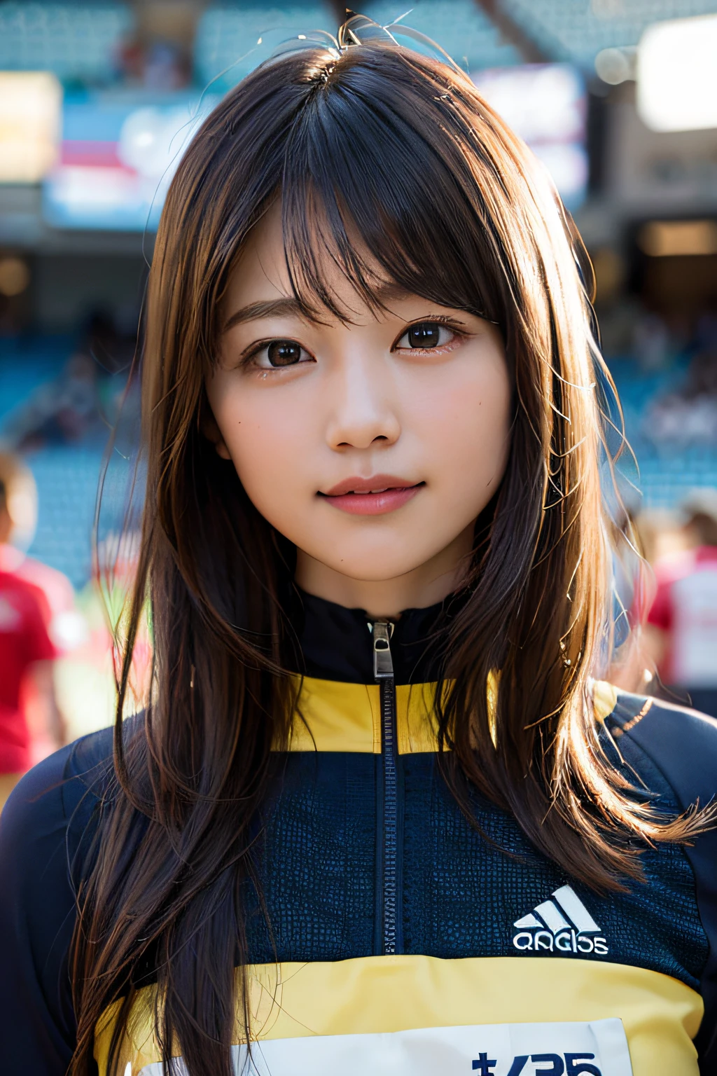 (8K、Raw photography、最好的质量、A masterpice:1.2)、(Realstic、photorealestic:1.37)、ultra -detailed、ultra-high-resolution、1人、see the beholder、Beautiful detailed face、smile on face、Constriction、(Slim waist) :1.3)、shirts、Beautiful detailed skin、Skin texture、Floating hair、Professional lighting、Haut du corps、Whole human body、Longhaire、a blond、Women's Marathon Uniforms、Athletics Stadium