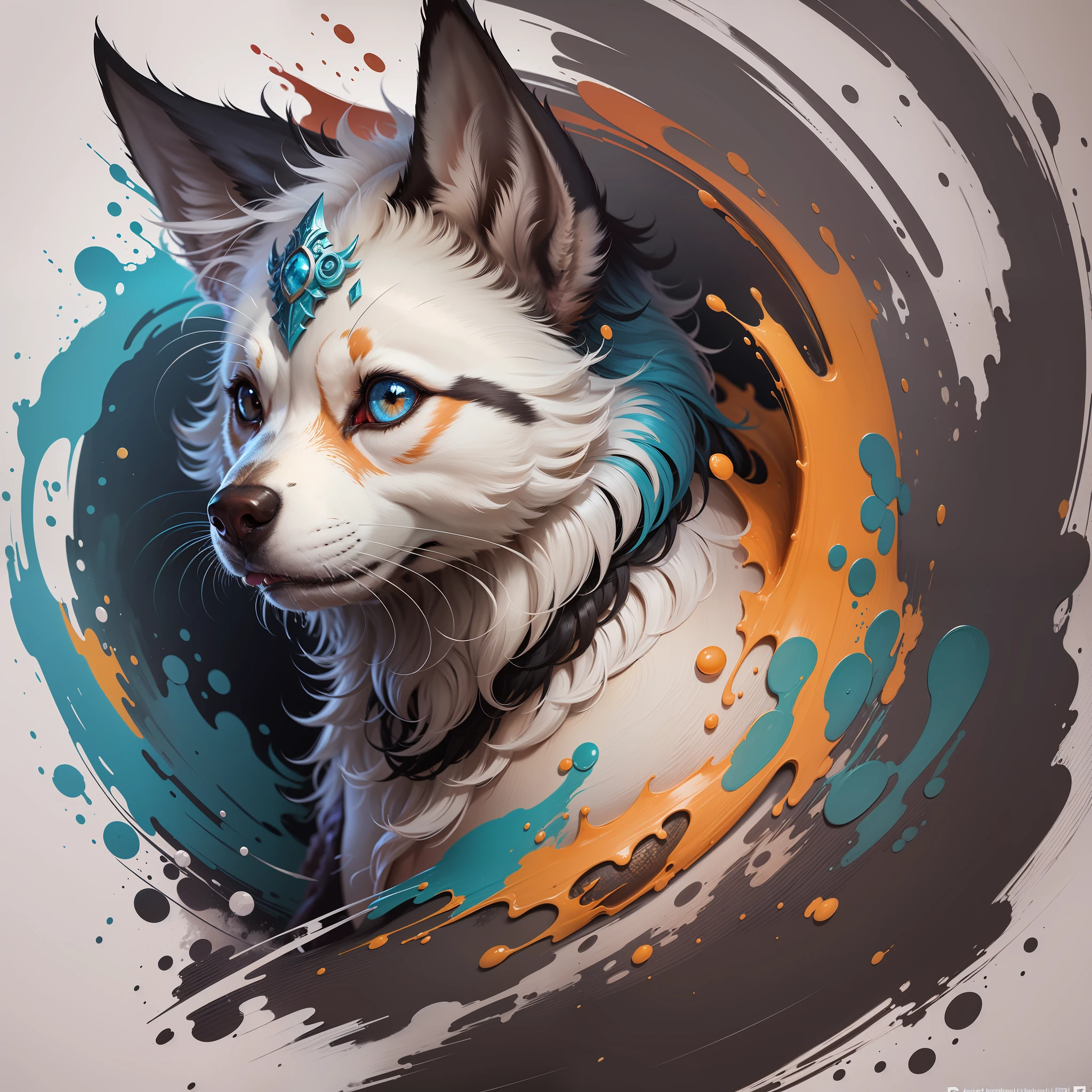 Splash art, a dog's head, ((white background)), scalloped shirt print design with white outline in bright vibrant colors on a white background print, piercing eyes, Epic Instagram, artstation, colorful ink splash style, contour, intricately detailed hyper-detailed, unreal engine, fantastic, intricate details, splash screen, complementary colors, fantasy concept art, 8k resolution, deviantart masterpiece, oil painting, heavy brushstrokes, paint drips, splash arts