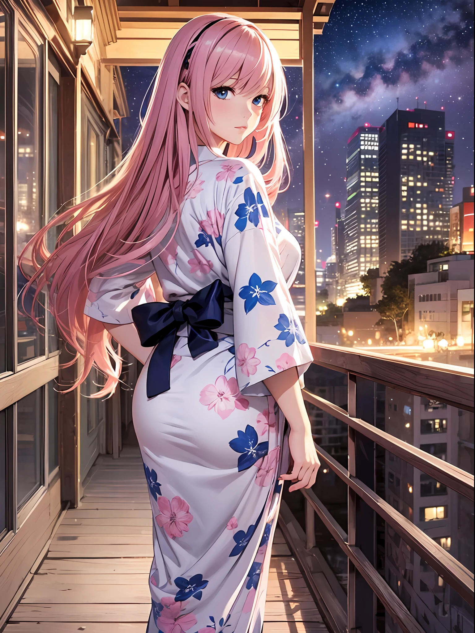 Top quality, photorealistic, ultra-fine illustration, beautiful charming anime girl, Megurine luka, pink hair, tied hair, one girl, photo of girl in yukata, full body shot, beautiful blue eyes, looking back, milky way, summer night, yukata, zori,