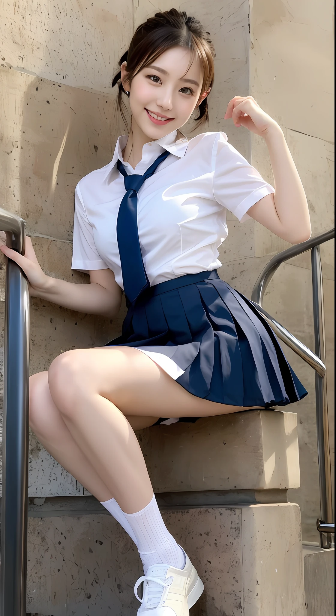 Very detailed 8k wallpaper)、sharp-focus、in detail、drama、Delicate and beautiful schoolgirl、Full body like、(Sheer white shirt、)necktie、Dark blue pleated micro mini、light brown-hair、Smooth pigtails、Sexy、(Dark pink underwear、)smile on face、Peek at the viewer、Beautiful graphics、Bright school building、Full of students、Show me your whole body、(Show me your panties、sitted、)White socks、Korean Idol、Nogizaka Idol、hposing Gravure Idol、actress、fashion model pose、tall 、25 years old adult actress