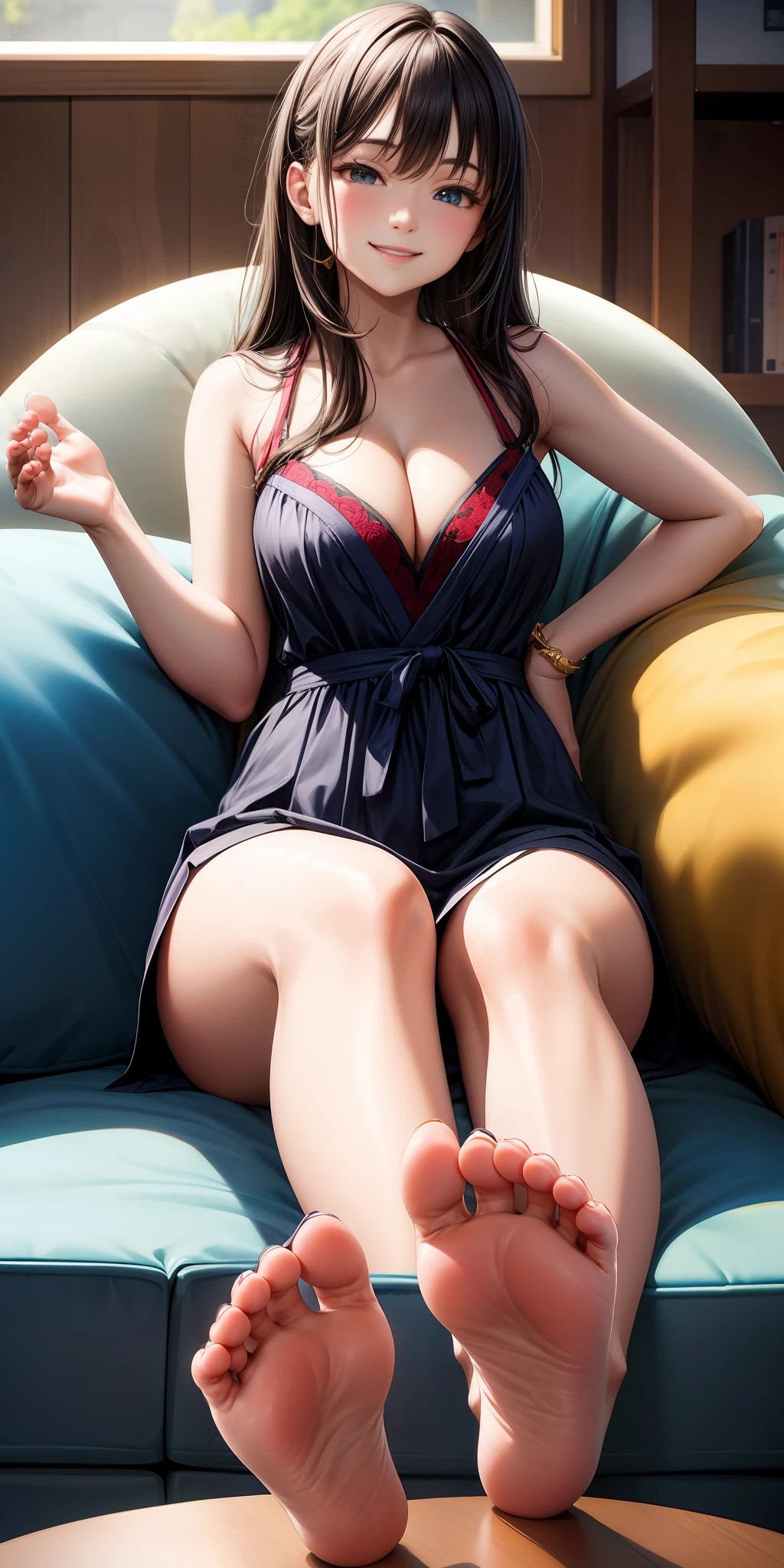 make realistic、Beautiful foot zoom，The girls，Sit on the couch，smile on face，Cleavage emphasis，Foot sole emphasis，A sexy