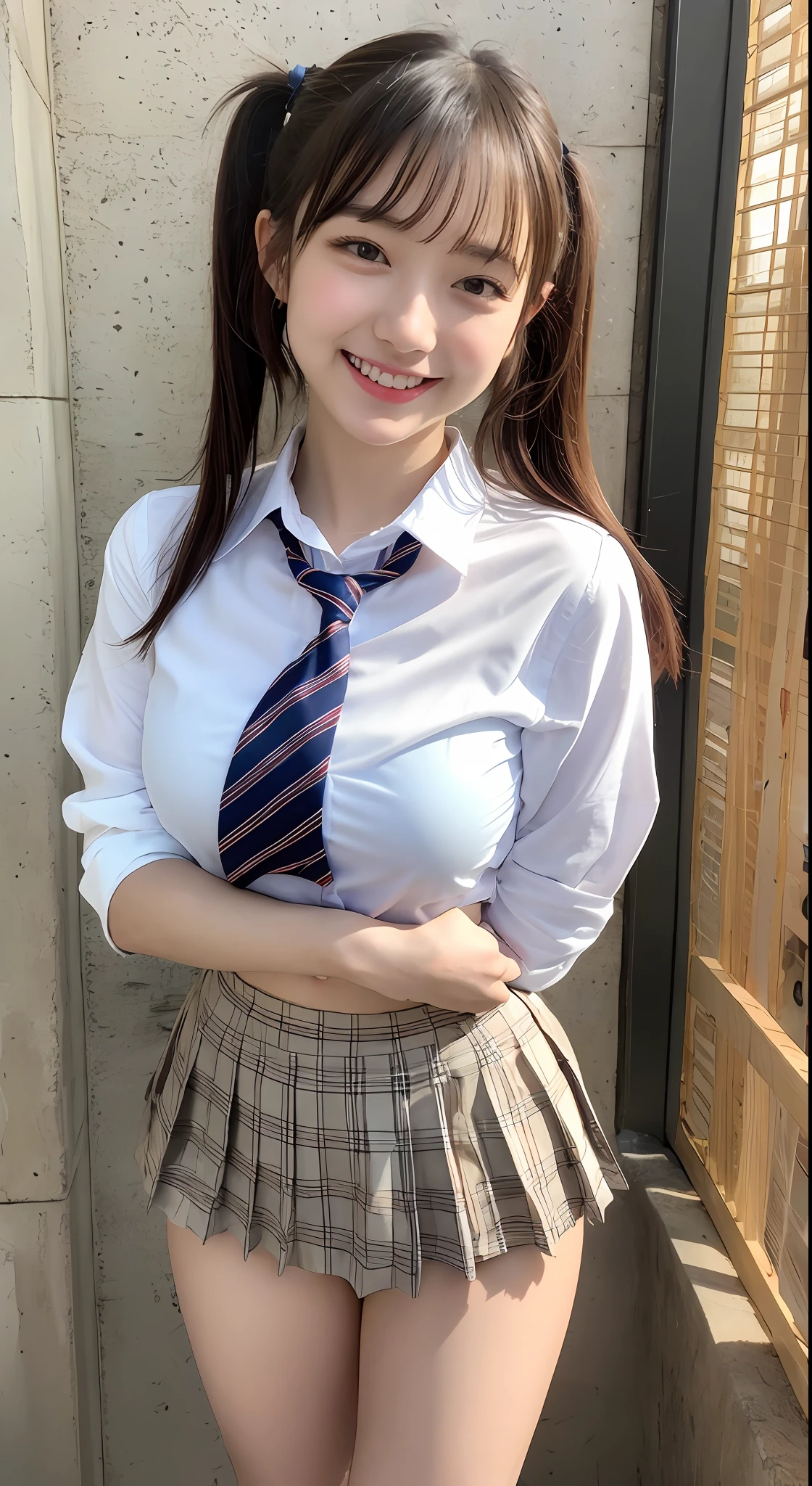 Very detailed 8k wallpaper)、sharp-focus、In detail、drama、Delicate and beautiful schoolgirl、Full body like、(Sheer white shirt、)necktie、Dark blue pleated micro mini、light brown-hair、Smooth pigtails、sexy、(Dark pink underwear、)smile on face、Peek at the viewer、Beautiful graphics、Bright school building、Full of students、Show me your whole body、(Show me your panties、sitted、)White socks、。Adult actress、乃木坂アイドル、韓国アイドル