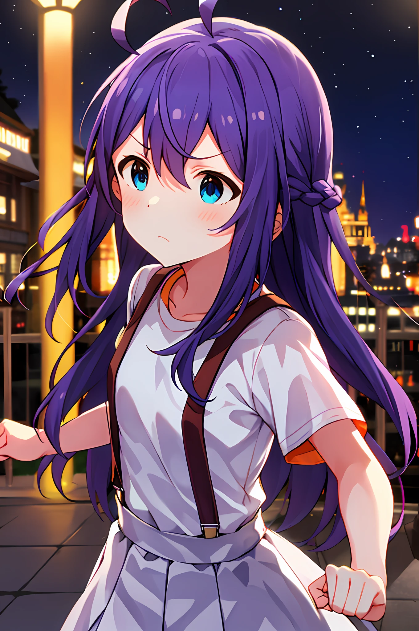mochizuki anna,1girls,Solo,Long hair,Purple hair,Small_Ahoge,Blue eyes.Short stature.white t-shirts.suspenders.Skirt.Night view.fighting stance.Despair face.Clench your fists.